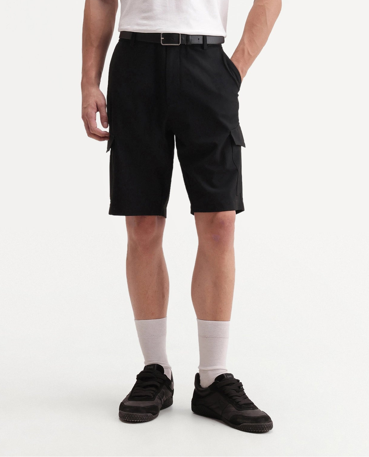 Rare Rabbit Men's Tripco-Aw26 Black Polyester Blend Fabric Regular Fit Plain Cargo Shorts