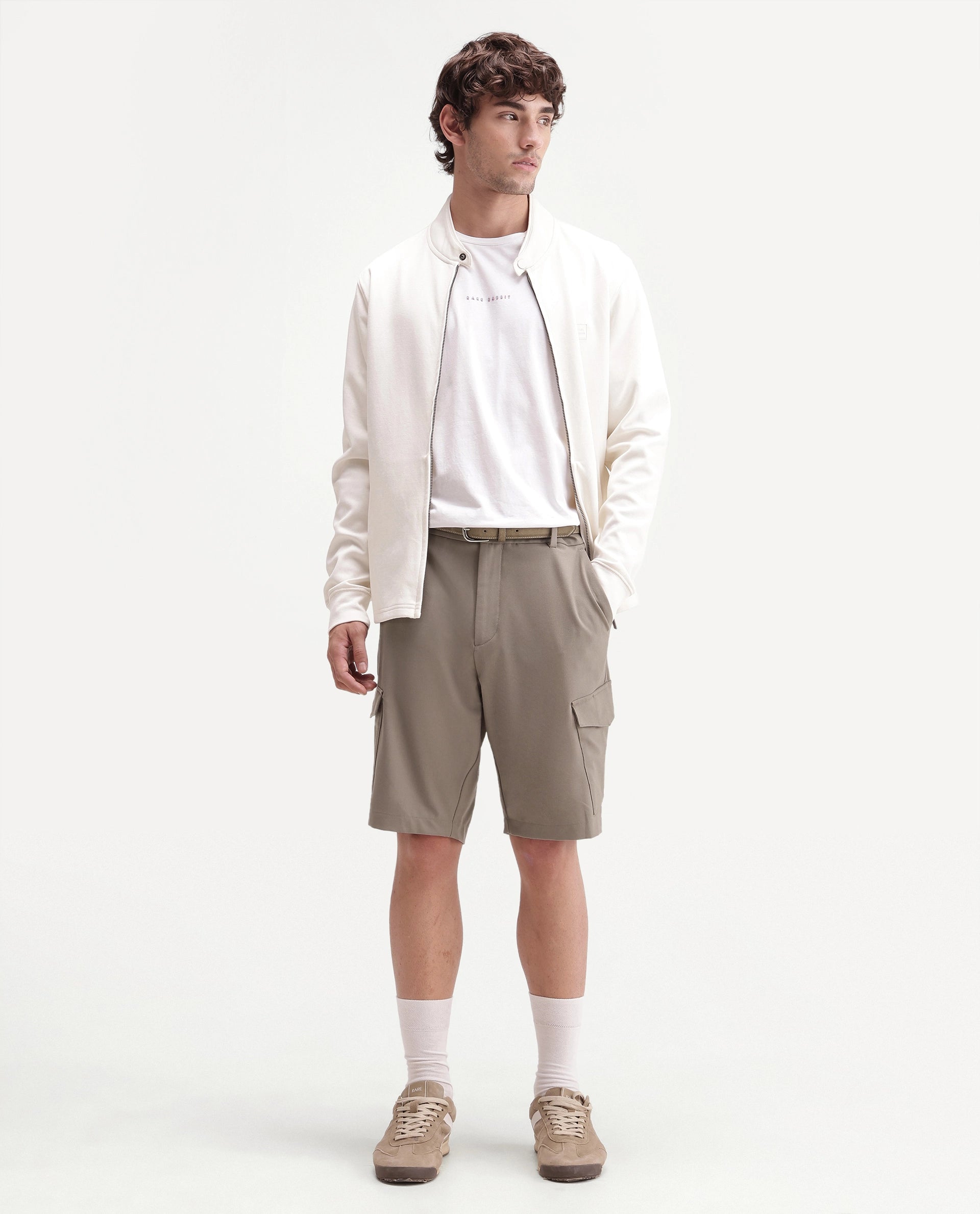 Rare Rabbit Men's Tripco-Aw26 Beige Polyester Blend Fabric Regular Fit Plain Cargo Shorts