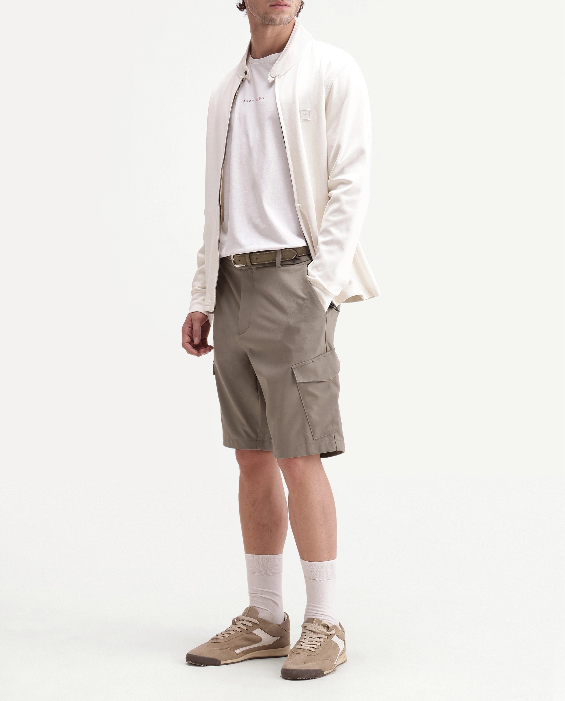 Rare Rabbit Men's Tripco-Aw26 Beige Polyester Blend Fabric Regular Fit Plain Cargo Shorts