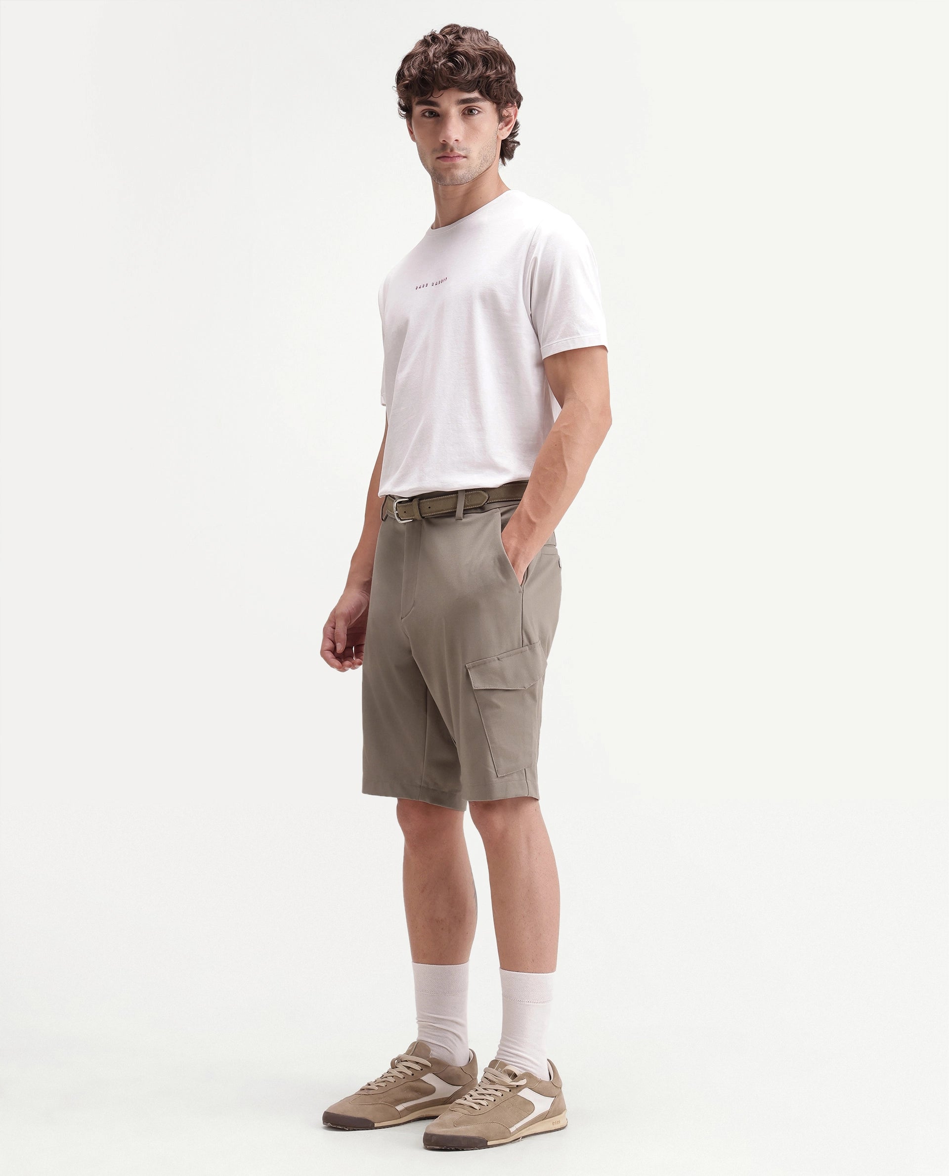 Rare Rabbit Men's Tripco-Aw26 Beige Polyester Blend Fabric Regular Fit Plain Cargo Shorts