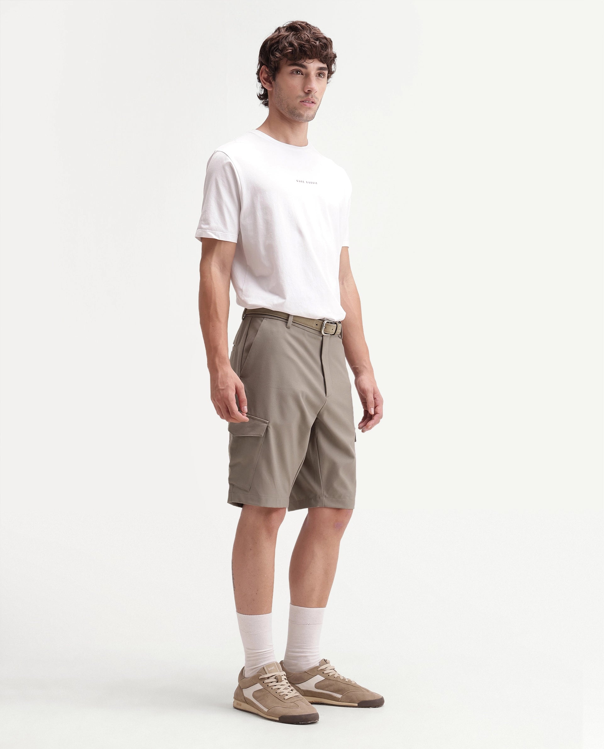 Rare Rabbit Men's Tripco-Aw26 Beige Polyester Blend Fabric Regular Fit Plain Cargo Shorts