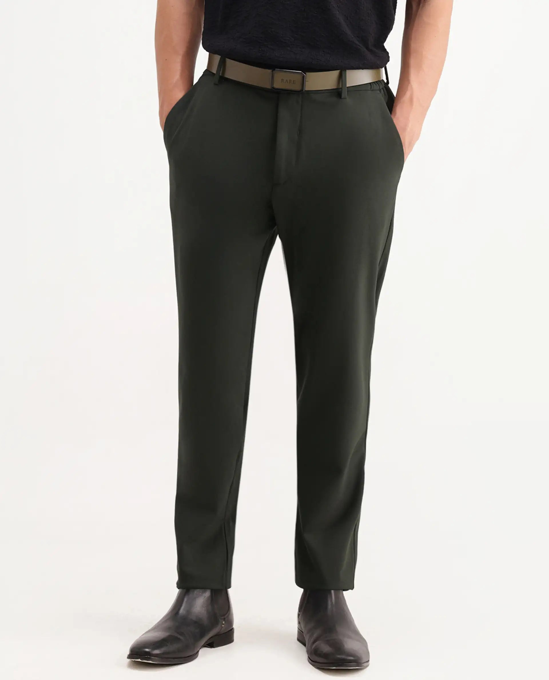 Rare Rabbit Men's Travel-Aw26 Dark Olive Polyester Blend Fabric Regular Fit Plain Trouser
