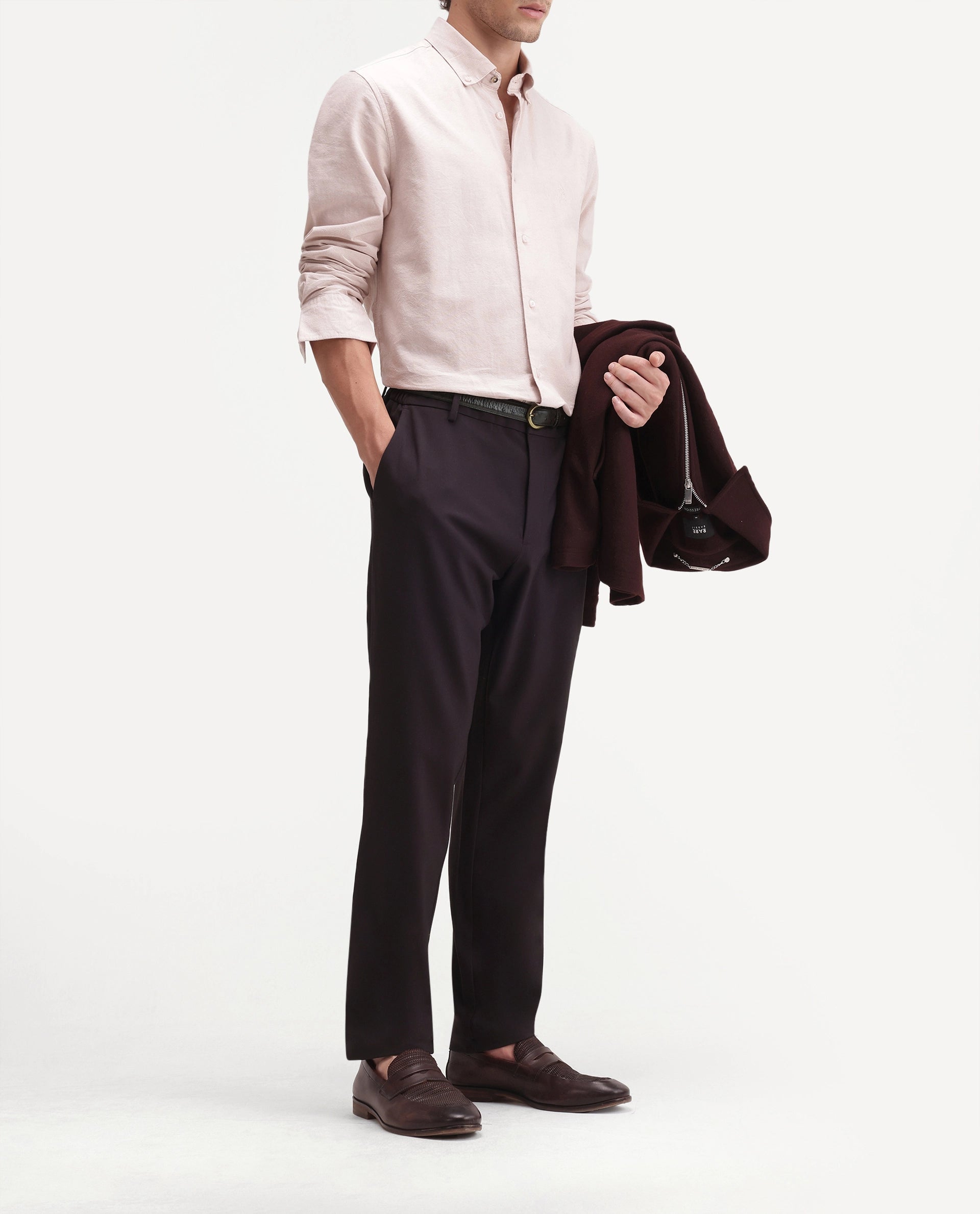 Rare Rabbit Men's Travel-Aw26 Dark Maroon Polyester Blend Fabric Regular Fit Plain Trouser