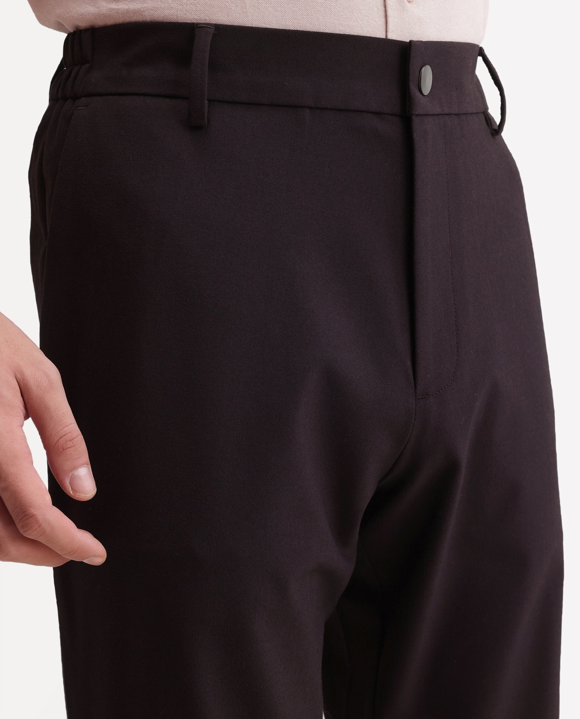 Rare Rabbit Men's Travel-Aw26 Dark Maroon Polyester Blend Fabric Regular Fit Plain Trouser