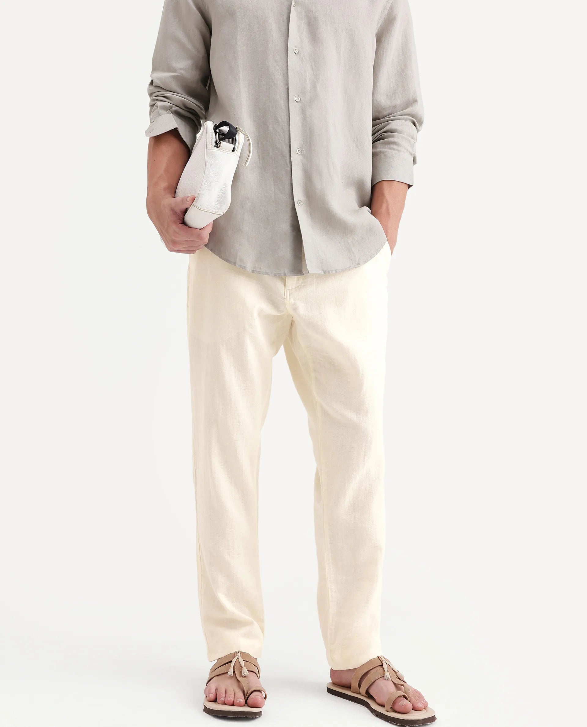 Rare Rabbit Men's Pastor-Aw26 Off White Cotton Fabric Drawstring Closure Regular Fit Plain Trouser