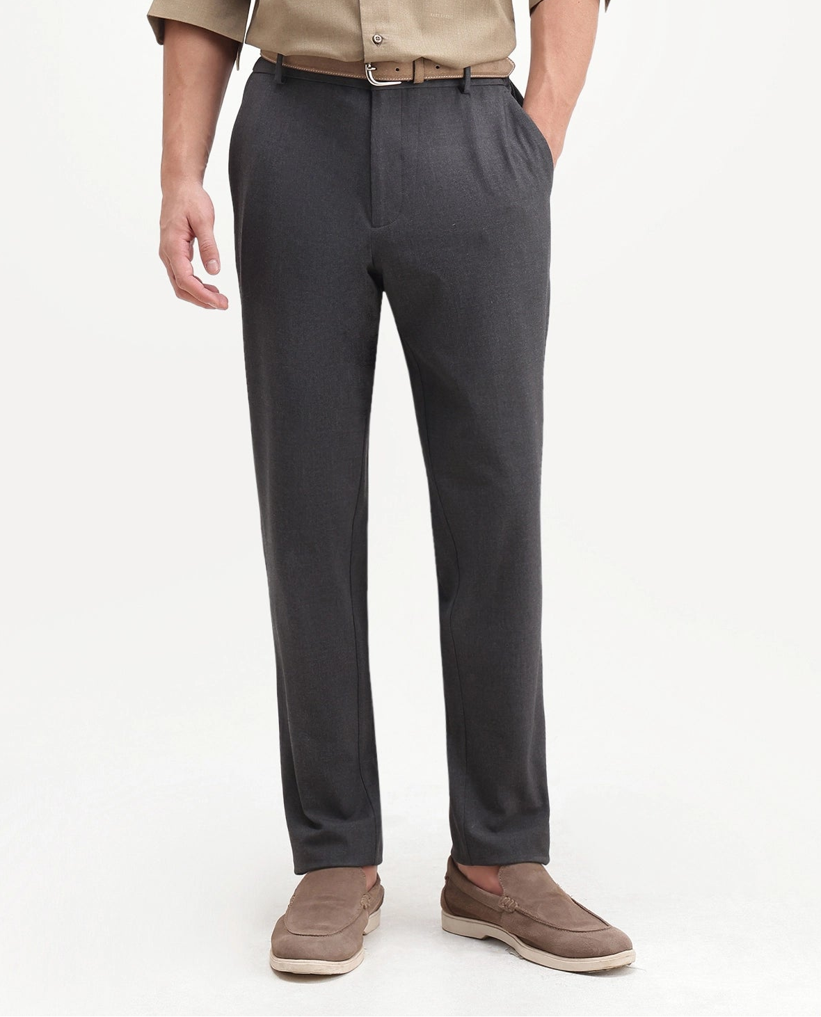 Rare Rabbit Men's Travel-Aw26 Grey Polyester Blend Fabric Regular Fit Plain Trouser