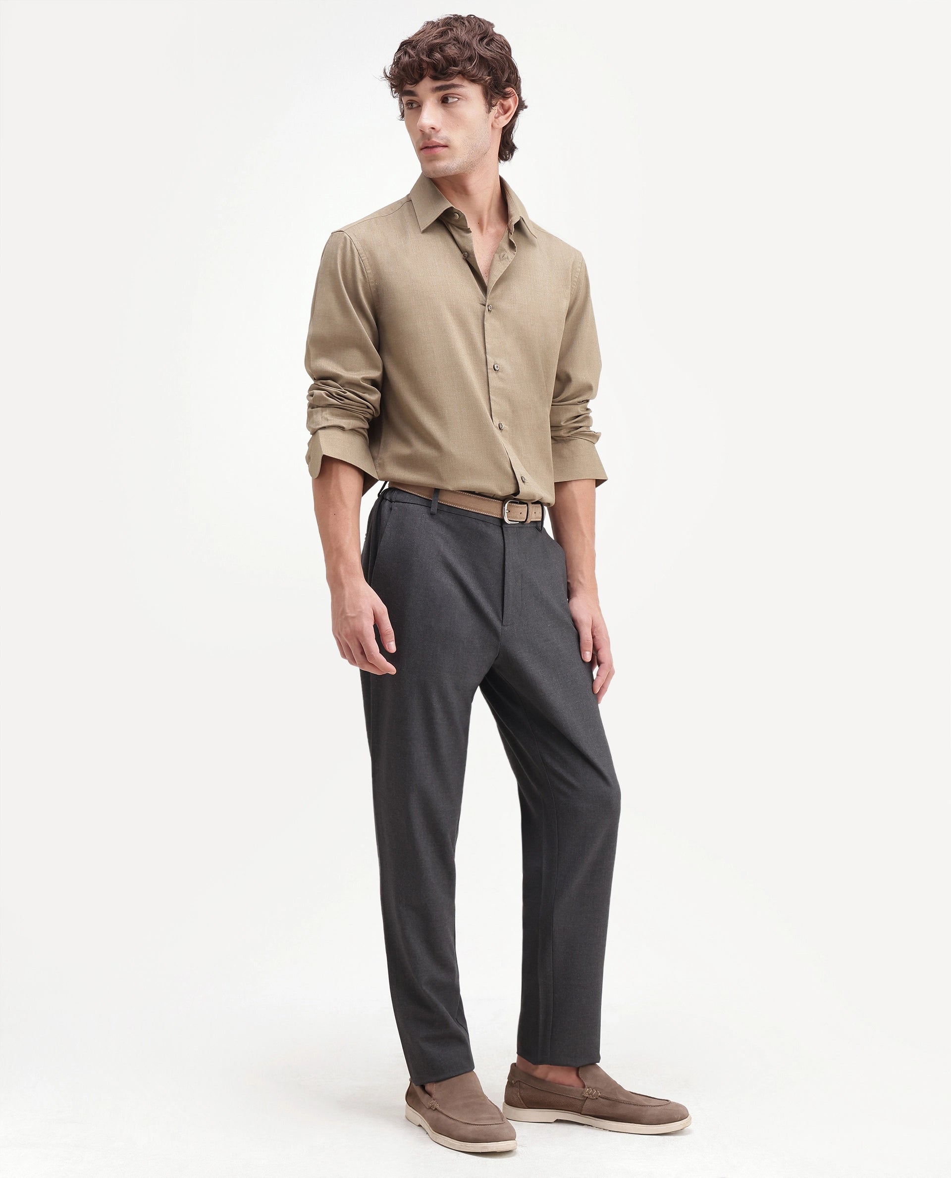 Rare Rabbit Men's Travel-Aw26 Grey Polyester Blend Fabric Regular Fit Plain Trouser