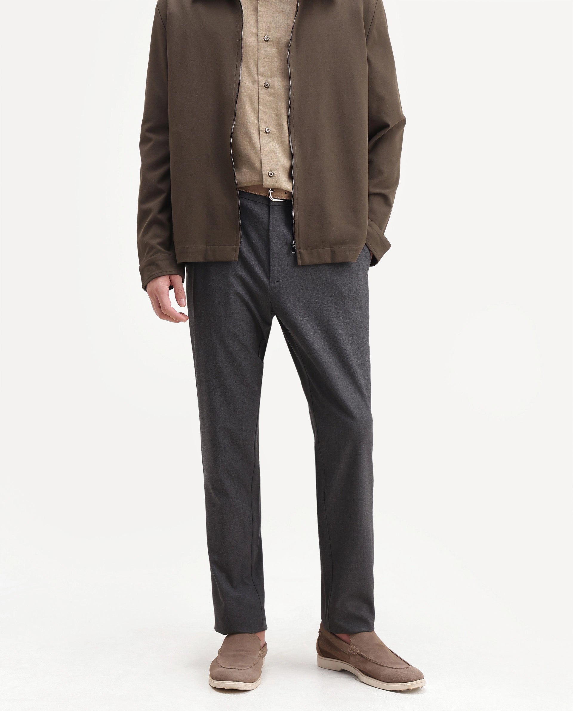 Rare Rabbit Men's Travel-Aw26 Grey Polyester Blend Fabric Regular Fit Plain Trouser