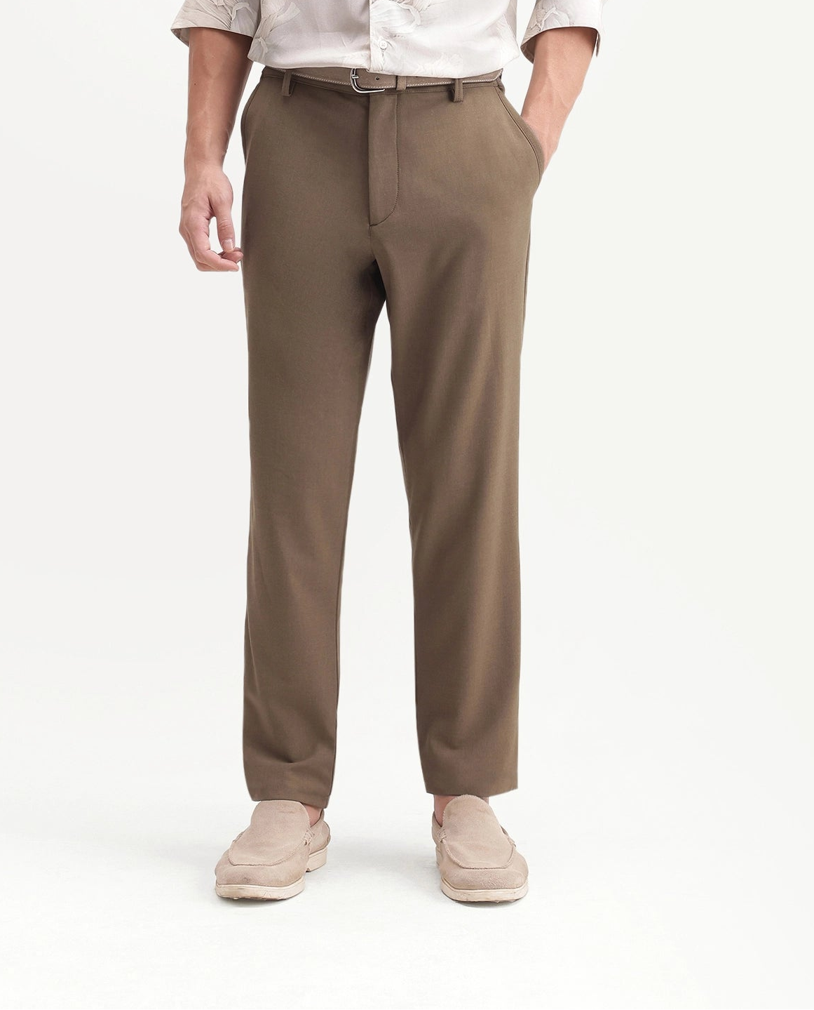 Rare Rabbit Men's Driver-Aw26 Light Khaki Polyester Blend Fabric Regular Fit Plain Trouser