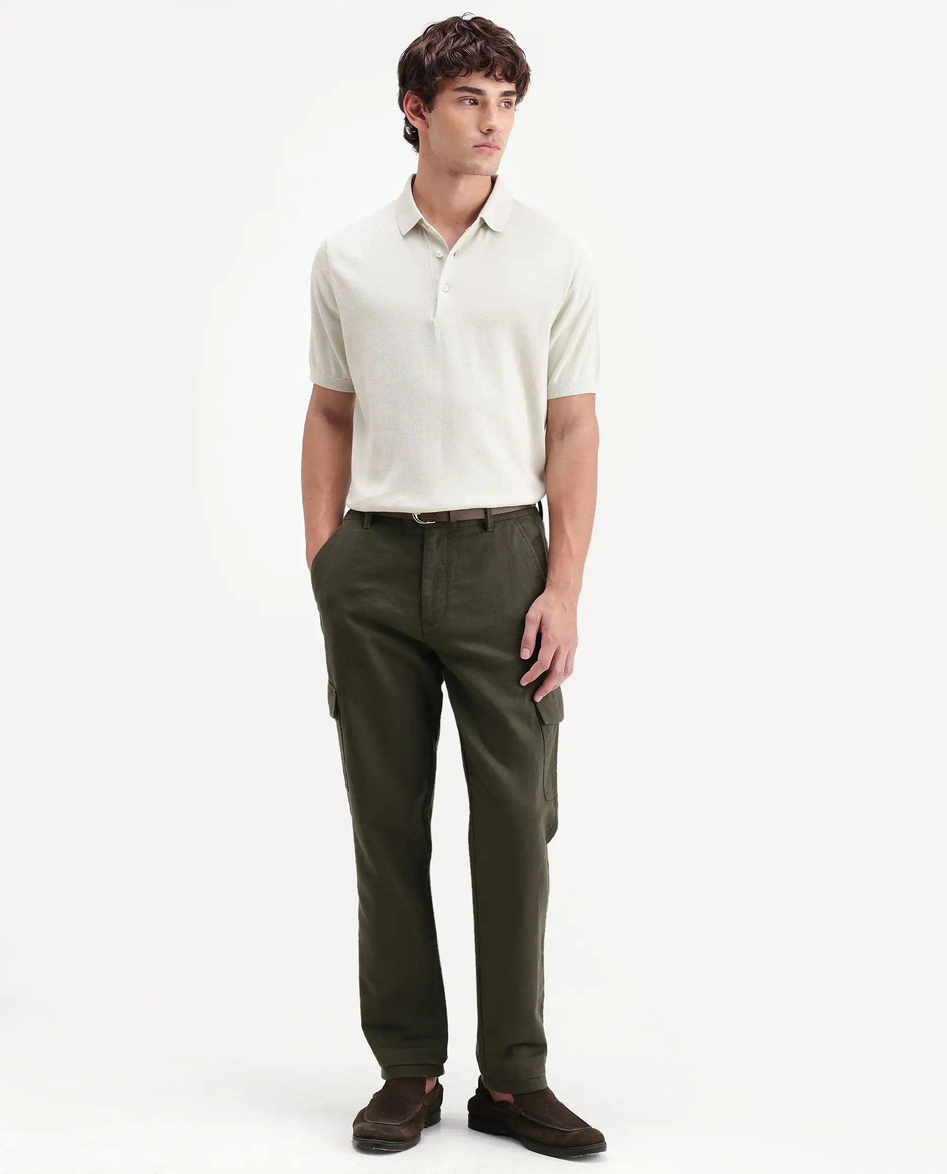 Rare Rabbit Men's Presso-Aw26 Olive Cotton Fabric Regular Fit Plain Cargo Trouser
