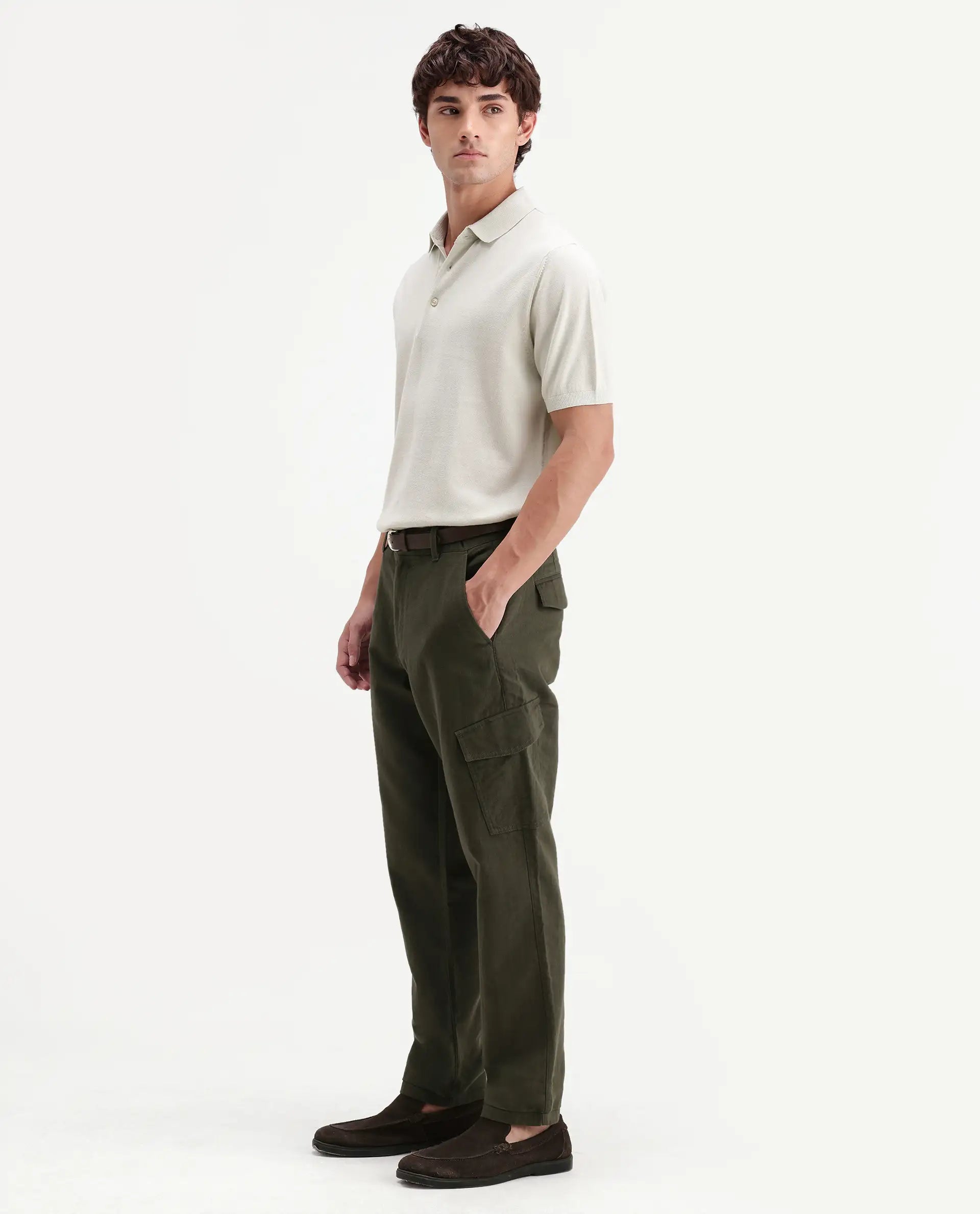 Rare Rabbit Men's Presso-Aw26 Olive Cotton Fabric Regular Fit Plain Cargo Trouser