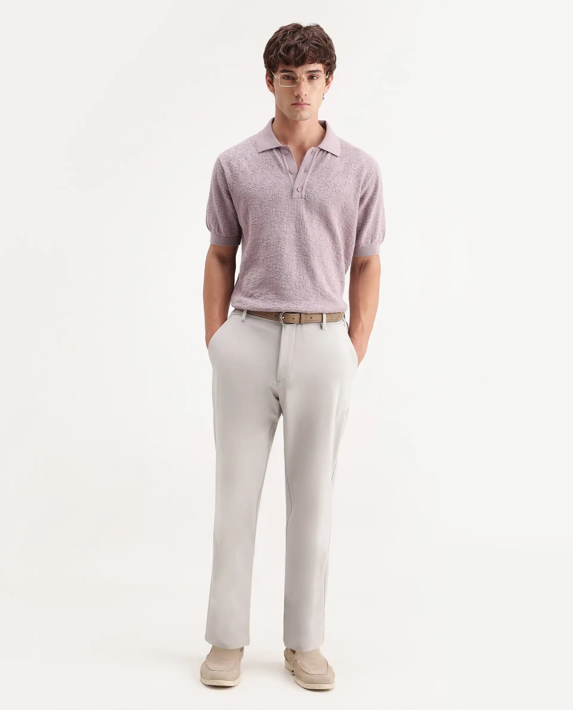 Rare Rabbit Men's Travel-Aw26 Beige Polyester Blend Fabric Regular Fit Plain Trouser