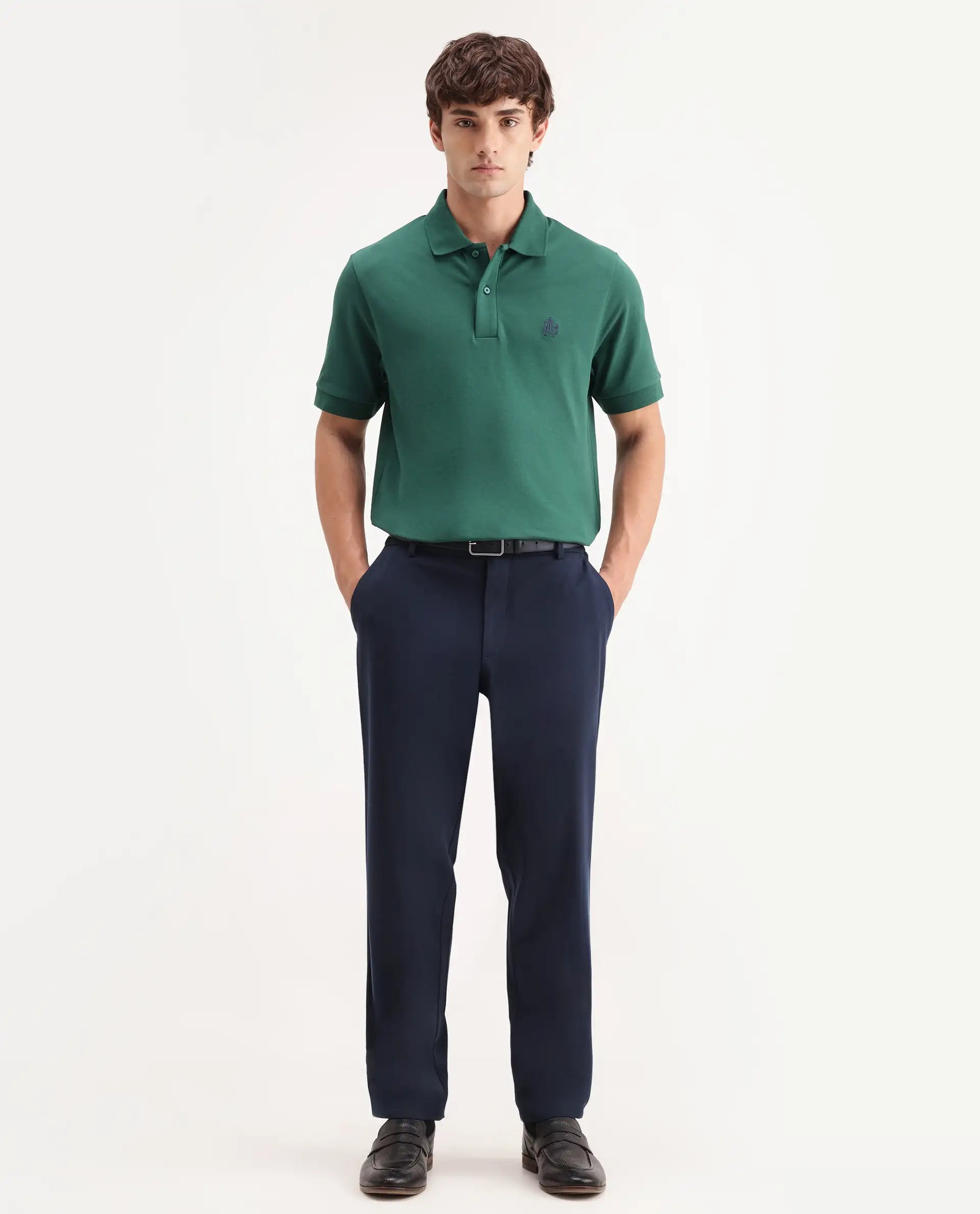 Rare Rabbit Men's Travel-Aw26 Navy Polyester Blend Fabric Regular Fit Plain Trouser