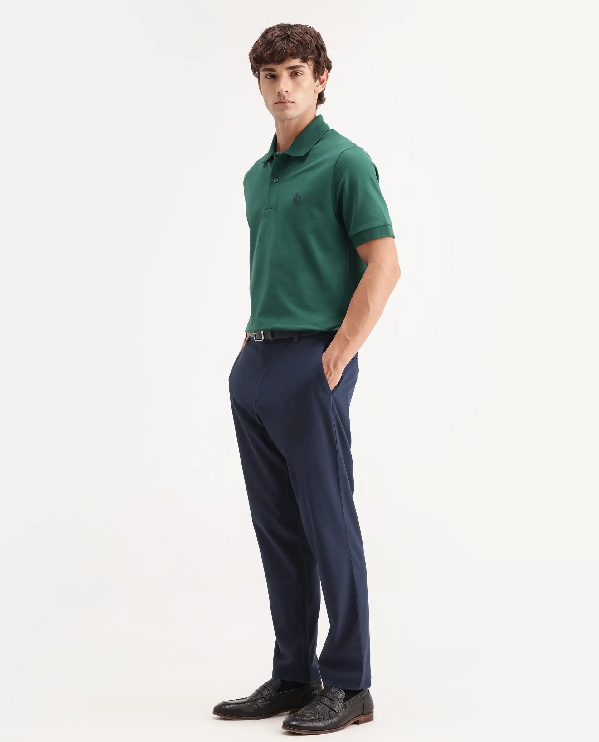 Rare Rabbit Men's Travel-Aw26 Navy Polyester Blend Fabric Regular Fit Plain Trouser