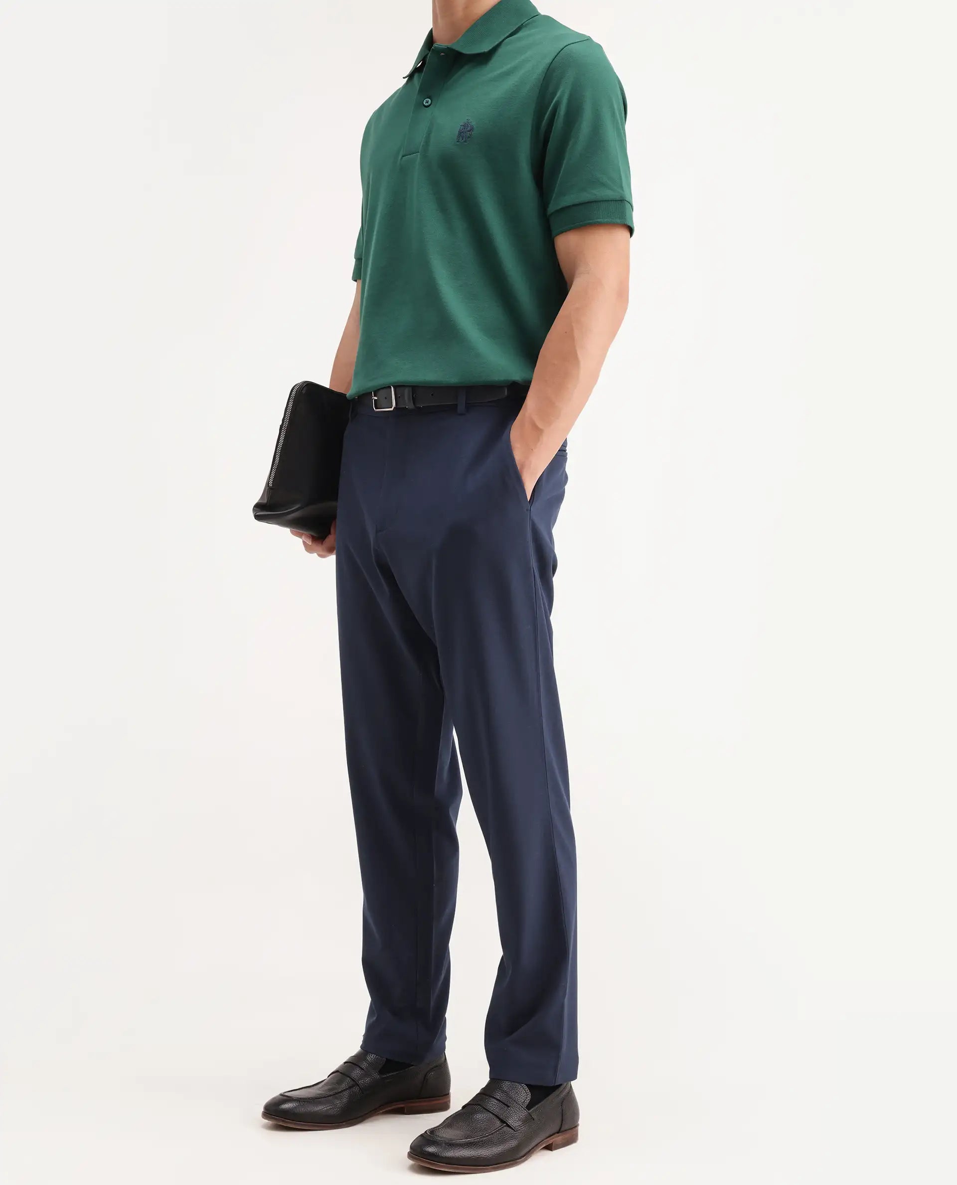 Rare Rabbit Men's Travel-Aw26 Navy Polyester Blend Fabric Regular Fit Plain Trouser