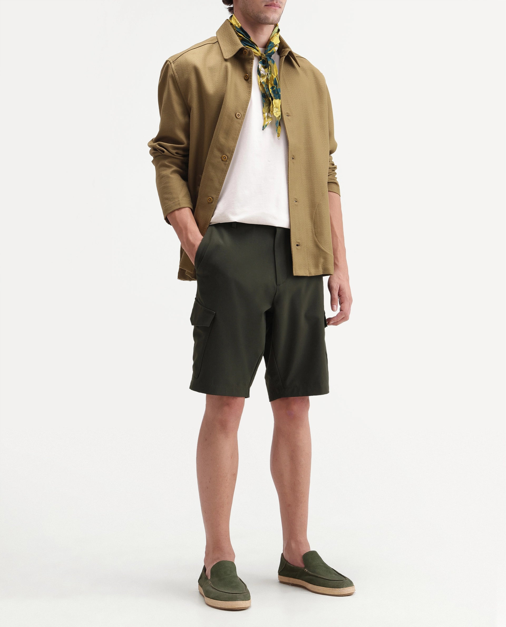 Rare Rabbit Men's Tripco-Aw26 Olive Polyester Blend Fabric Regular Fit Plain Cargo Shorts
