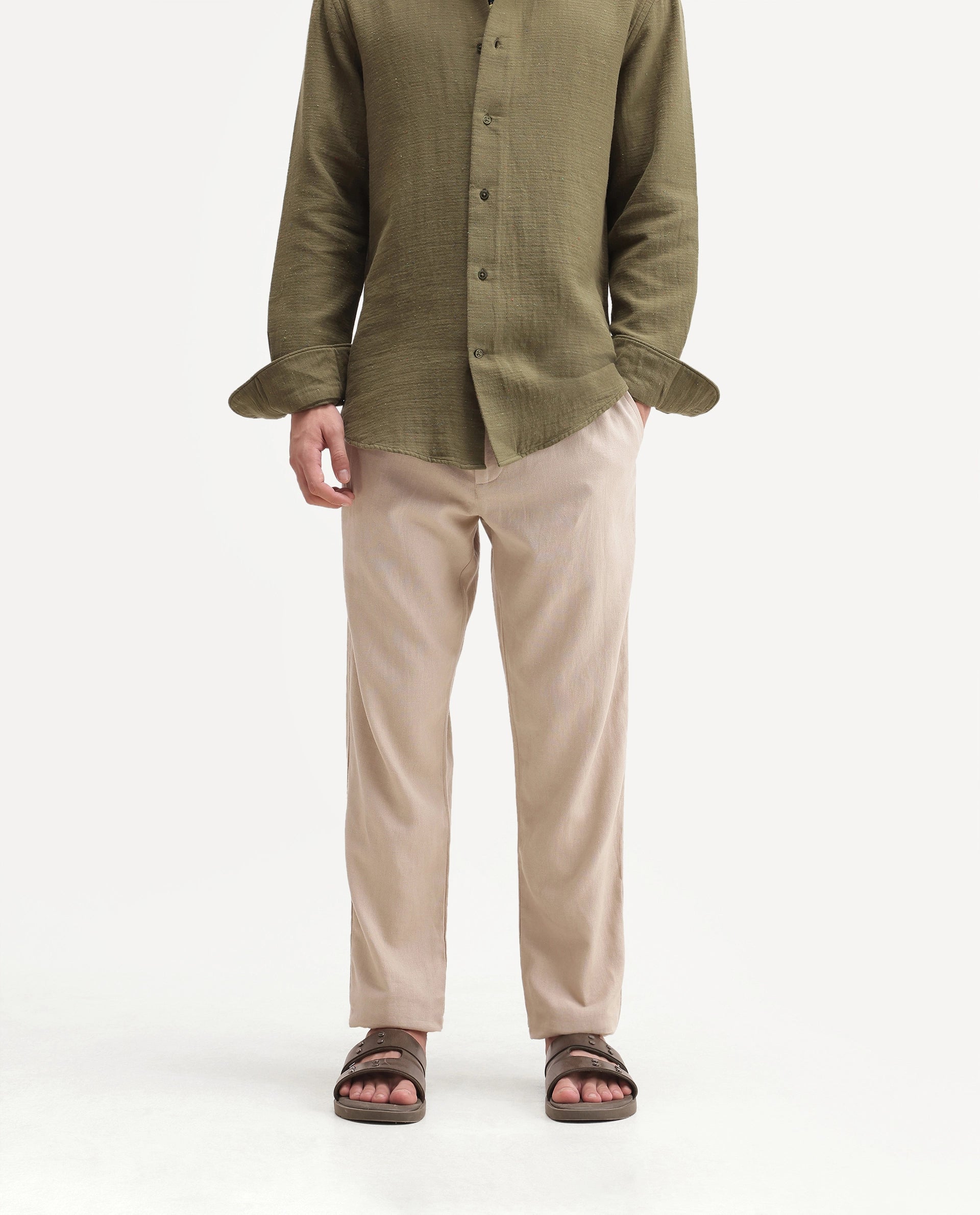 Rare Rabbit Men's Jomo-Aw26 Beige Linen Blend Fabric Regular Fit Plain Trouser