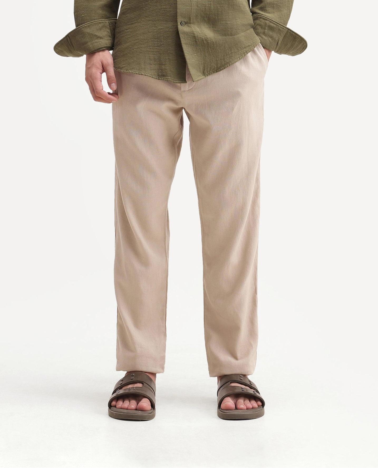 Rare Rabbit Men's Jomo-Aw26 Beige Linen Blend Fabric Regular Fit Plain Trouser