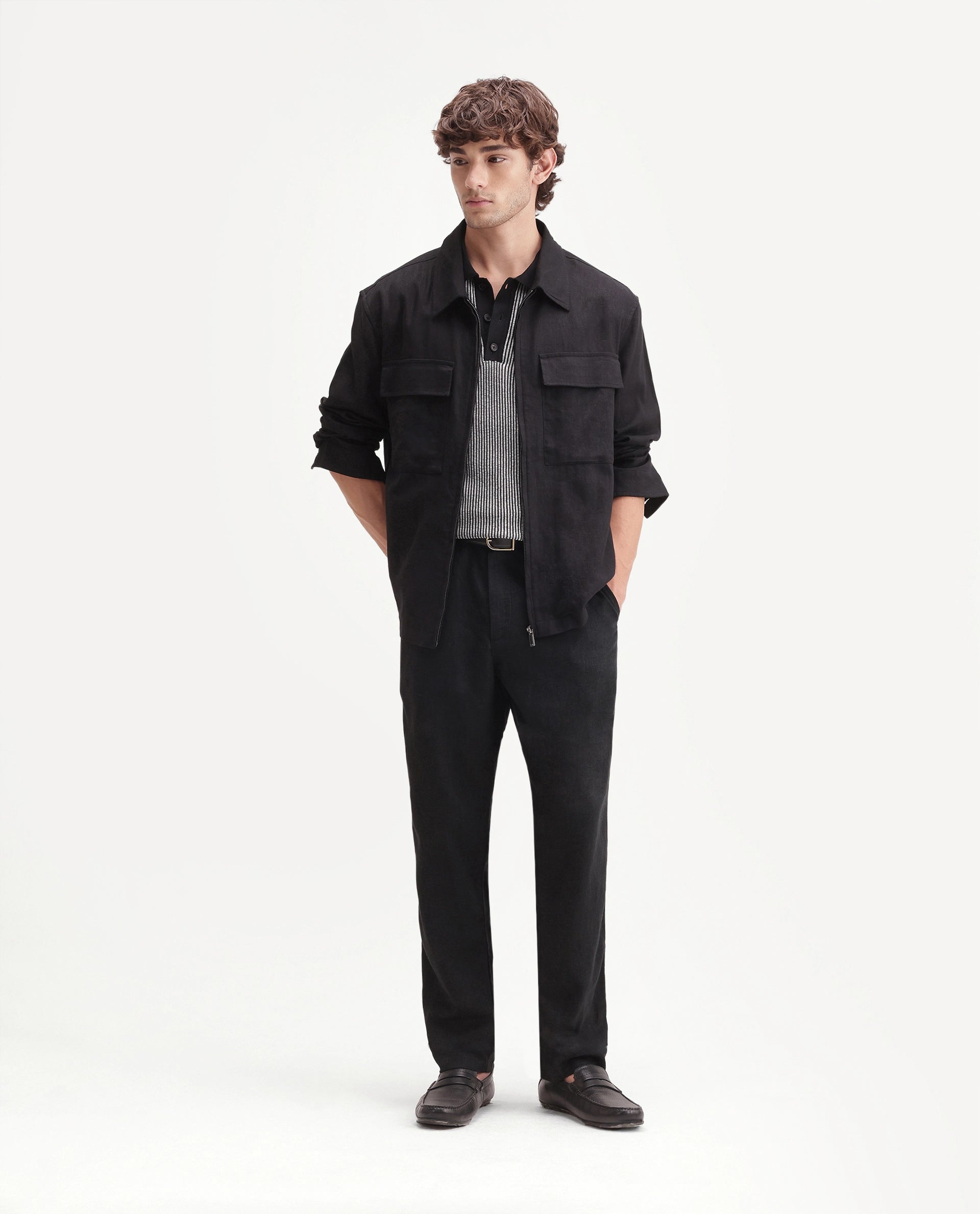 Rare Rabbit Men's Jomo-Aw26 Black Linen Blend Fabric Regular Fit Plain Trouser