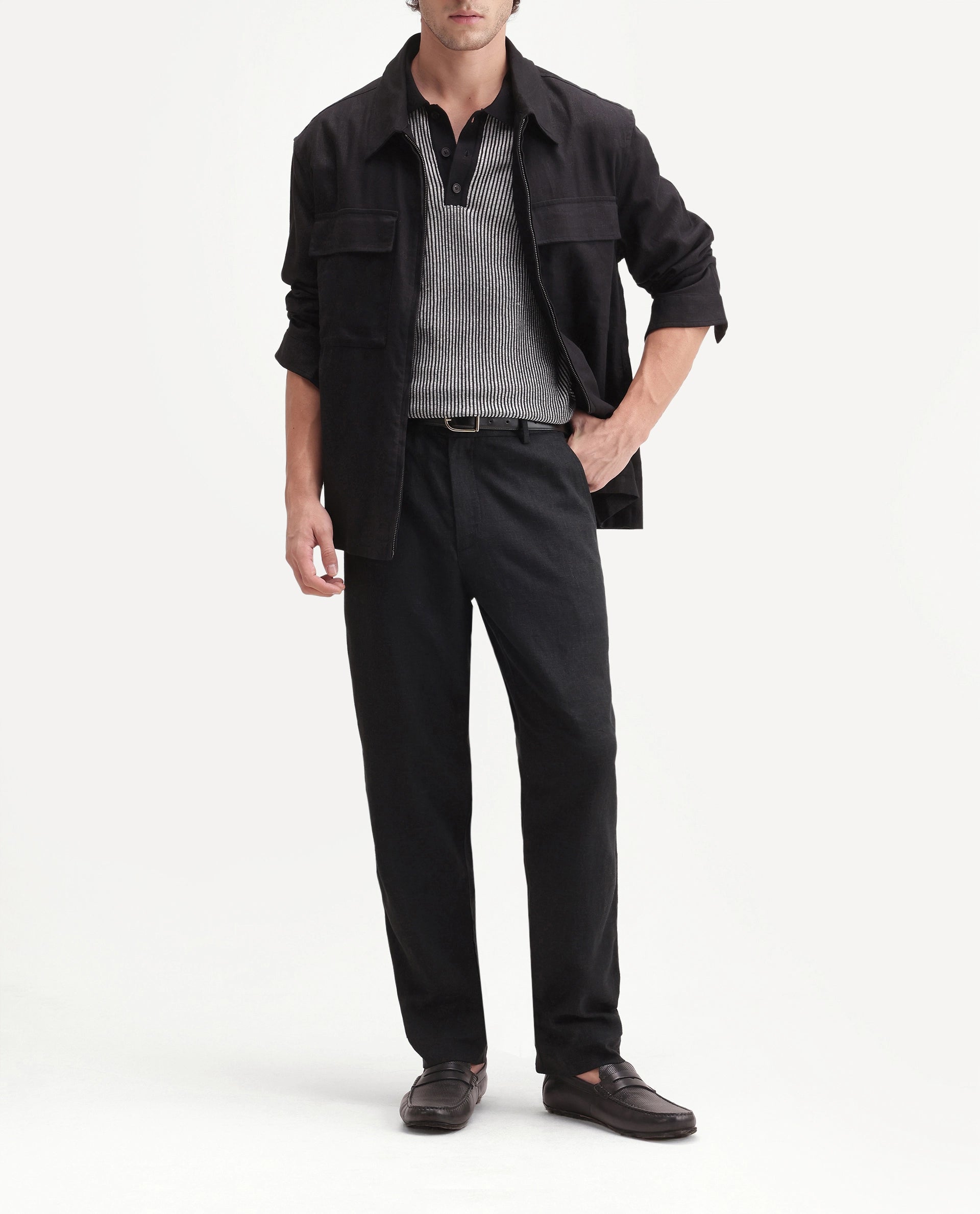 Rare Rabbit Men's Jomo-Aw26 Black Linen Blend Fabric Regular Fit Plain Trouser