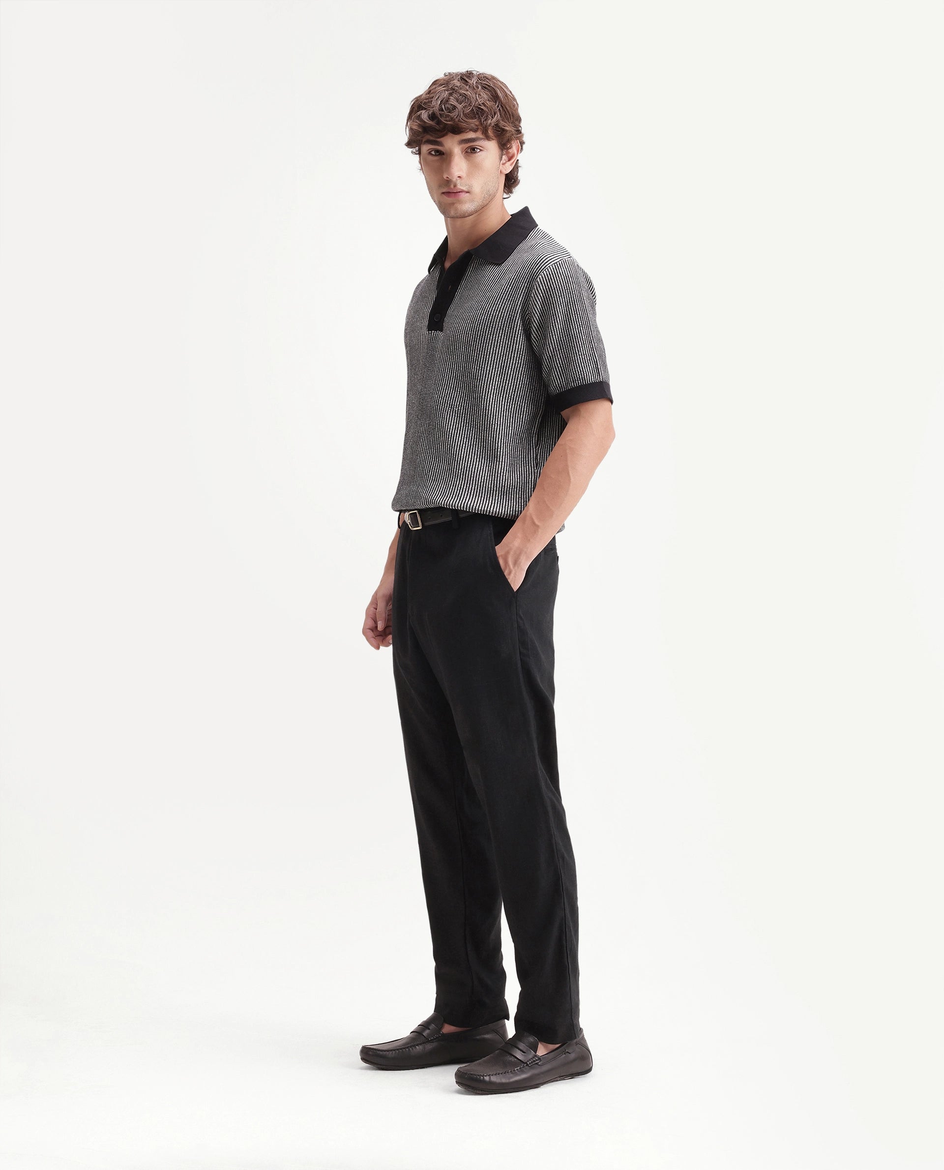 Rare Rabbit Men's Jomo-Aw26 Black Linen Blend Fabric Regular Fit Plain Trouser