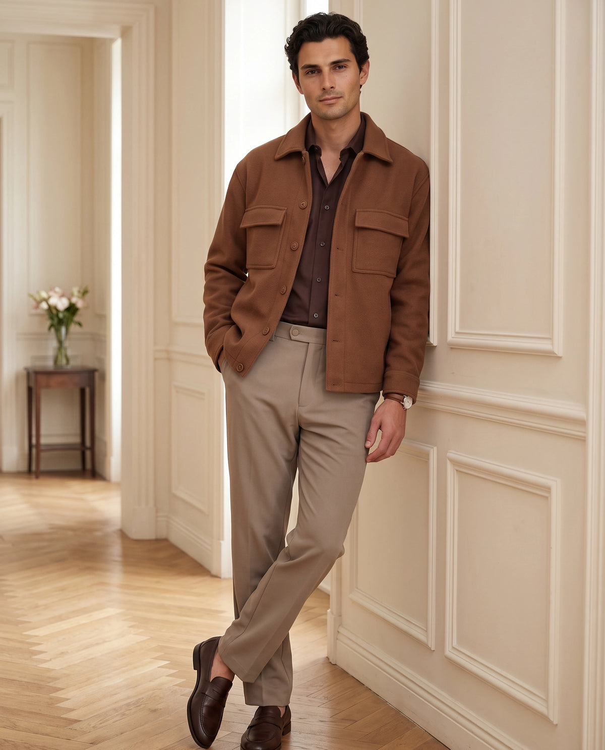 Rare Rabbit Men's Travel-Aw26 Dark Beige Polyester Blend Fabric Regular Fit Plain Trouser