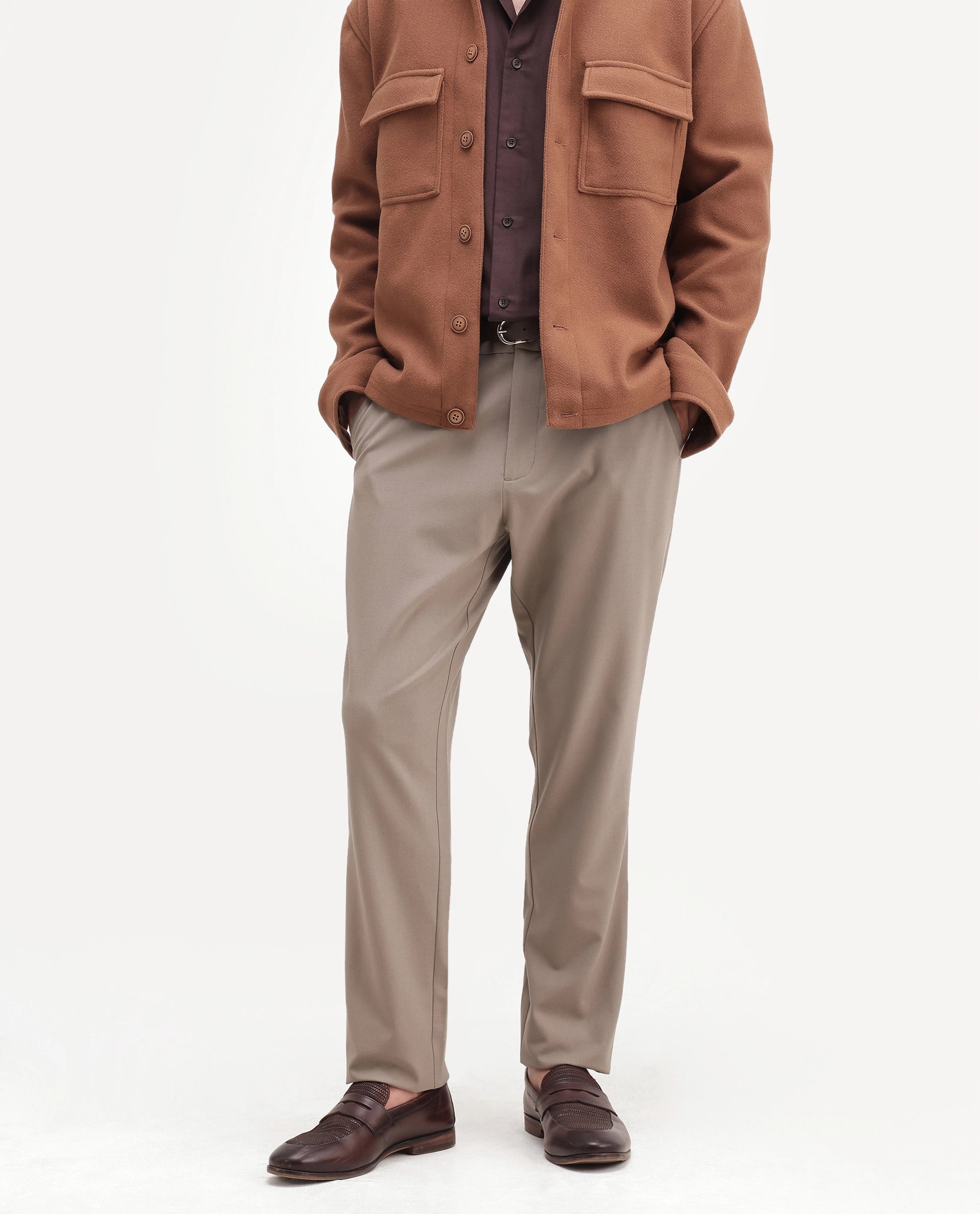 Rare Rabbit Men's Travel-Aw26 Dark Beige Polyester Blend Fabric Regular Fit Plain Trouser