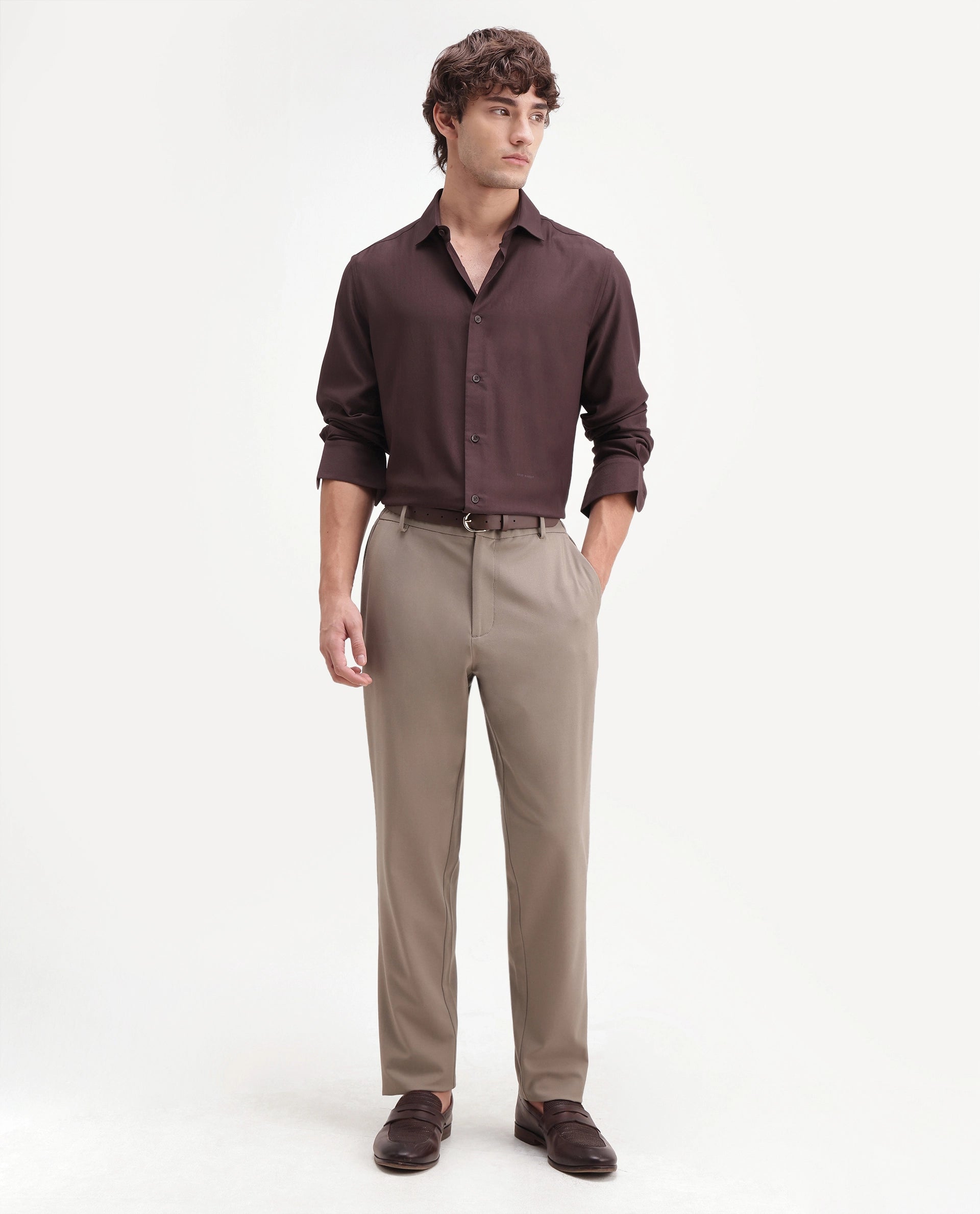 Rare Rabbit Men's Travel-Aw26 Dark Beige Polyester Blend Fabric Regular Fit Plain Trouser