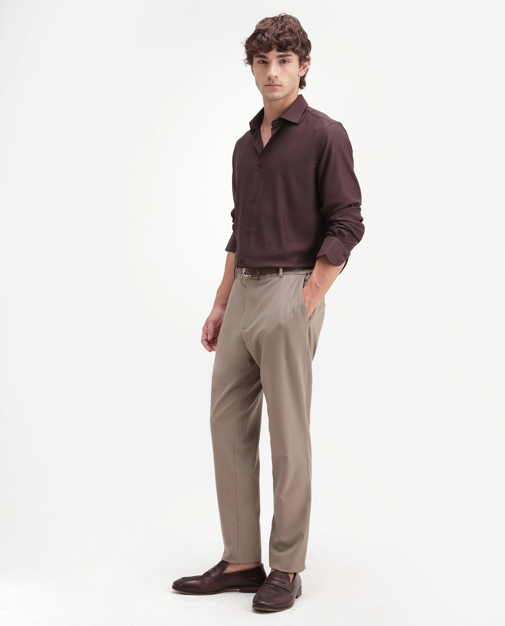 Rare Rabbit Men's Travel-Aw26 Dark Beige Polyester Blend Fabric Regular Fit Plain Trouser