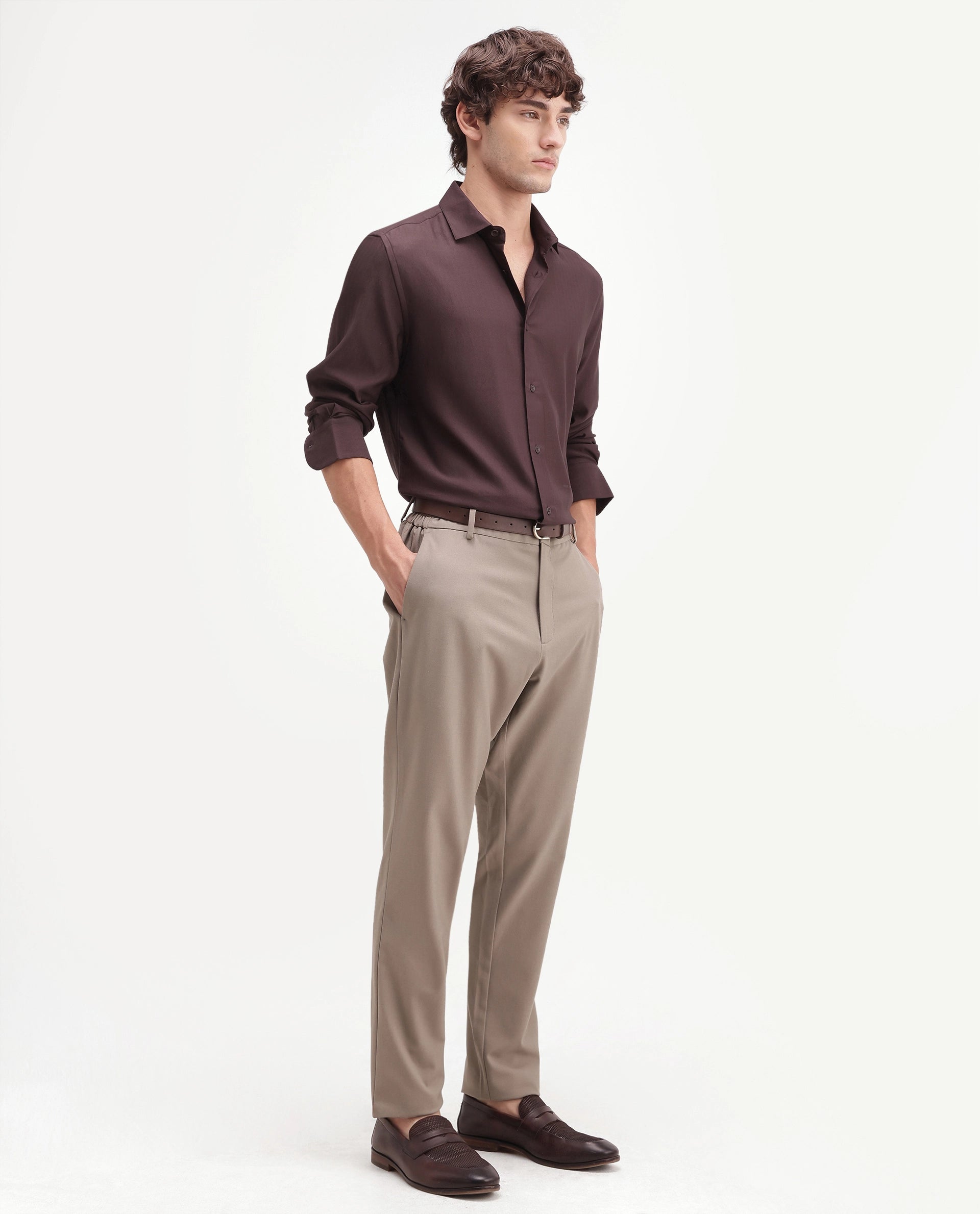Rare Rabbit Men's Travel-Aw26 Dark Beige Polyester Blend Fabric Regular Fit Plain Trouser