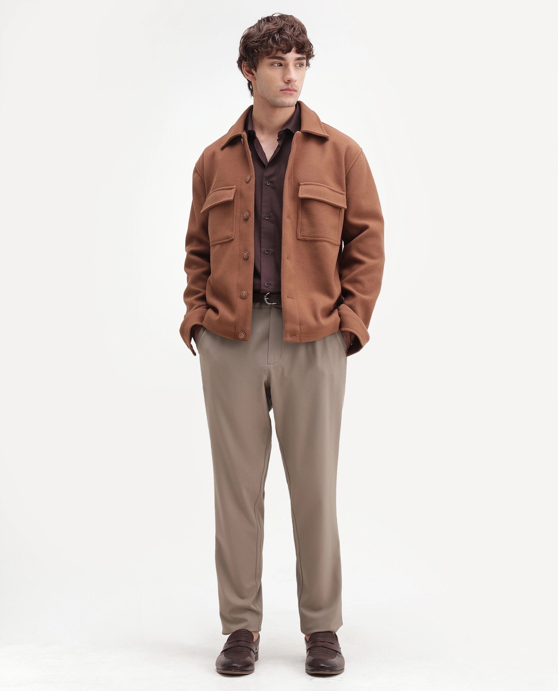 Rare Rabbit Men's Travel-Aw26 Dark Beige Polyester Blend Fabric Regular Fit Plain Trouser