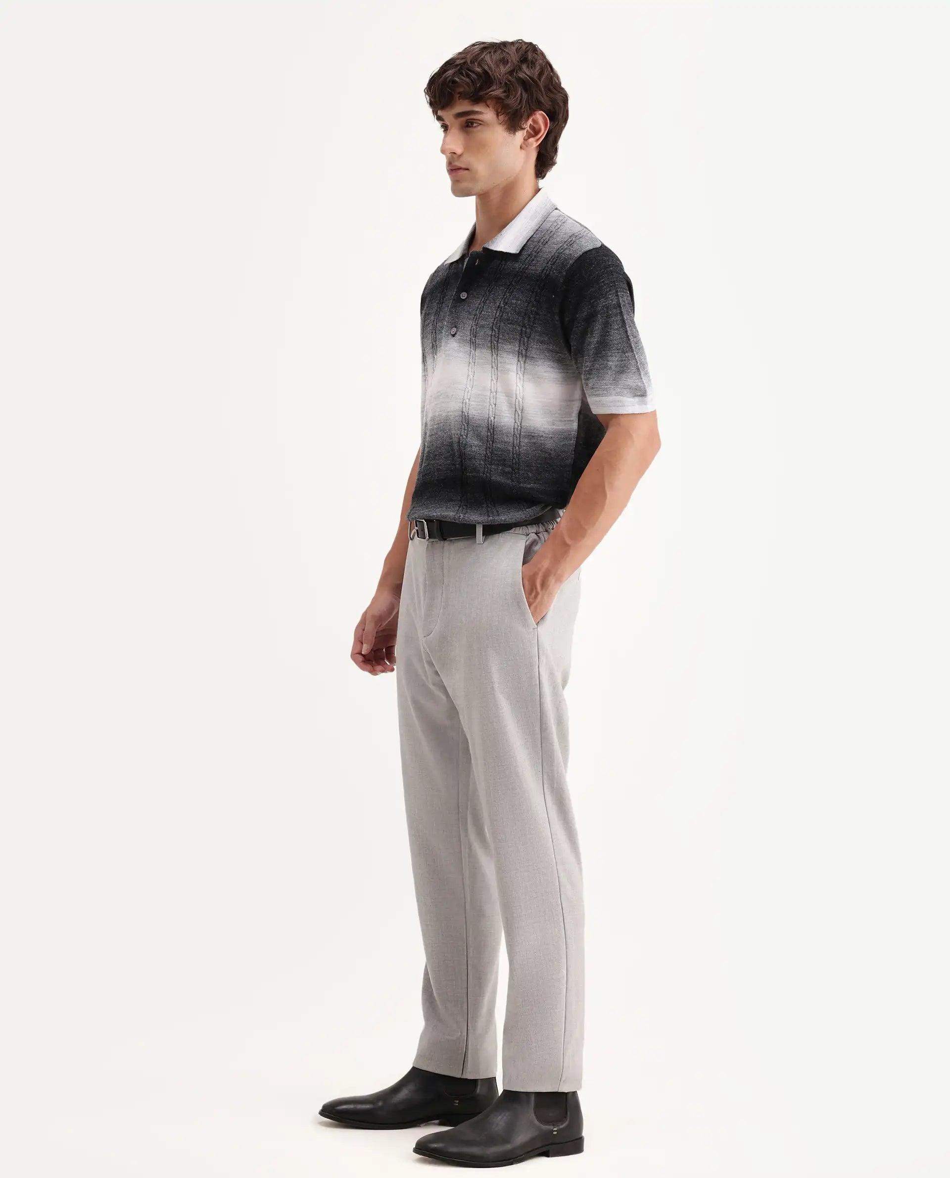 Rare Rabbit Men's Travel-Aw26 Light Grey Polyester Blend Fabric Regular Fit Plain Trouser