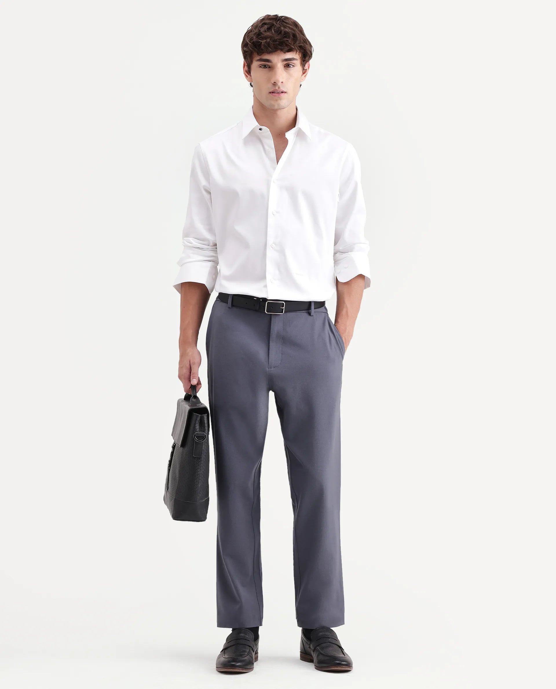 Rare Rabbit Men's Travel-Aw26 Dusky Blue Polyester Blend Fabric Regular Fit Plain Trouser