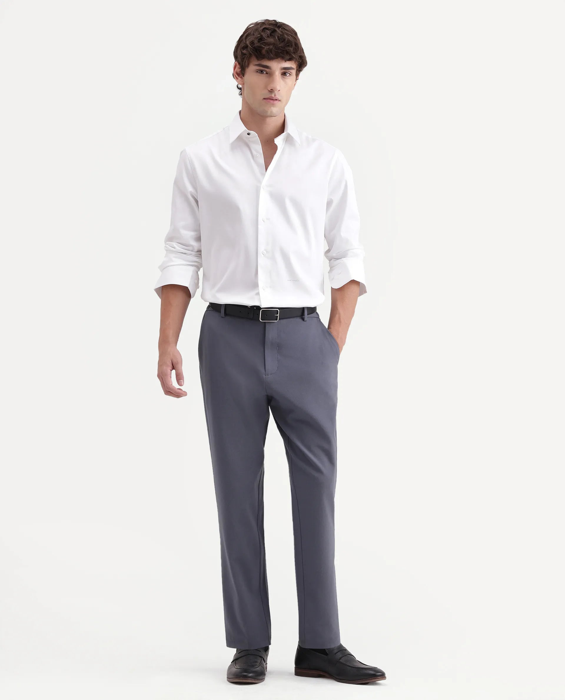 Rare Rabbit Men's Travel-Aw26 Dusky Blue Polyester Blend Fabric Regular Fit Plain Trouser