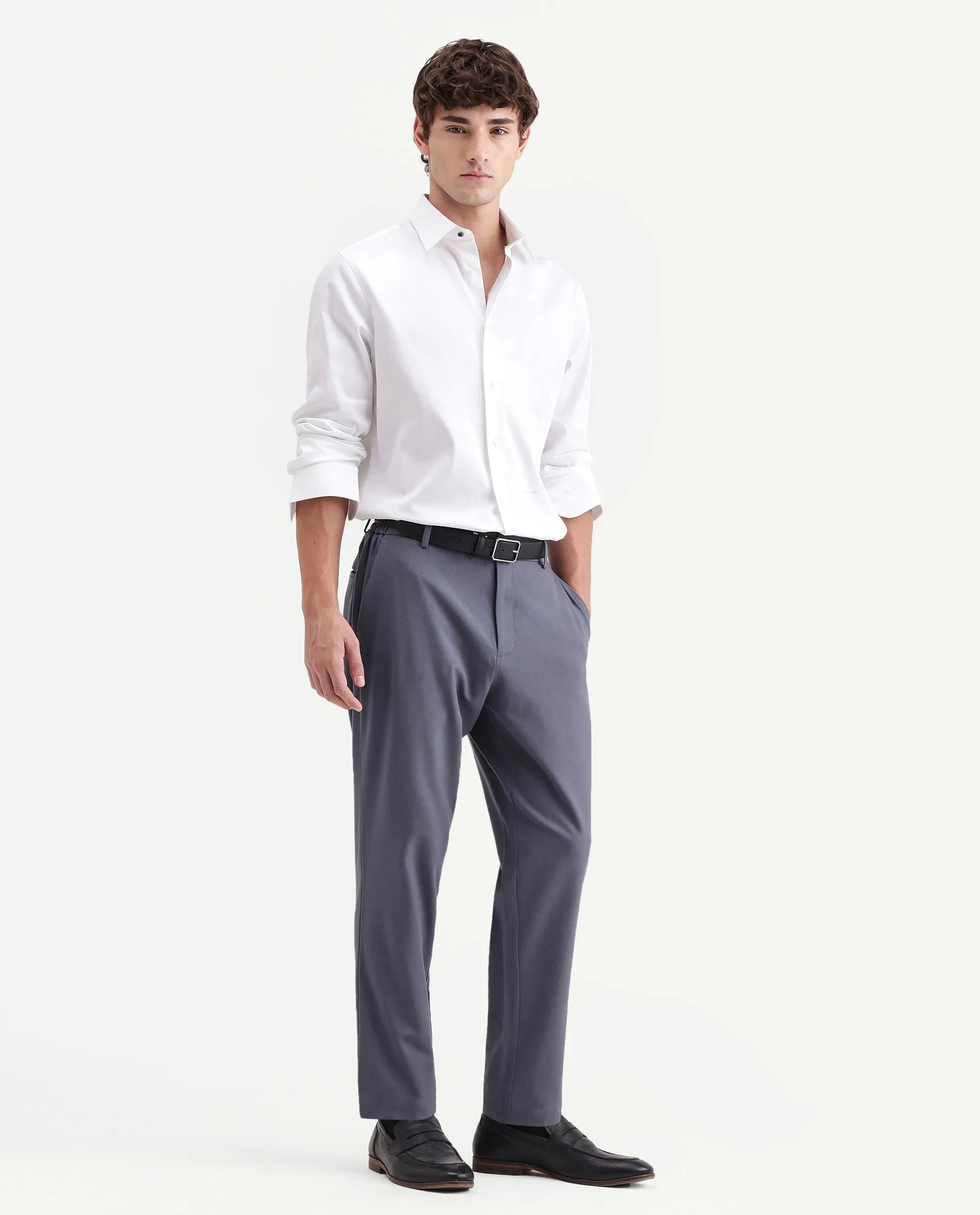 Rare Rabbit Men's Travel-Aw26 Dusky Blue Polyester Blend Fabric Regular Fit Plain Trouser