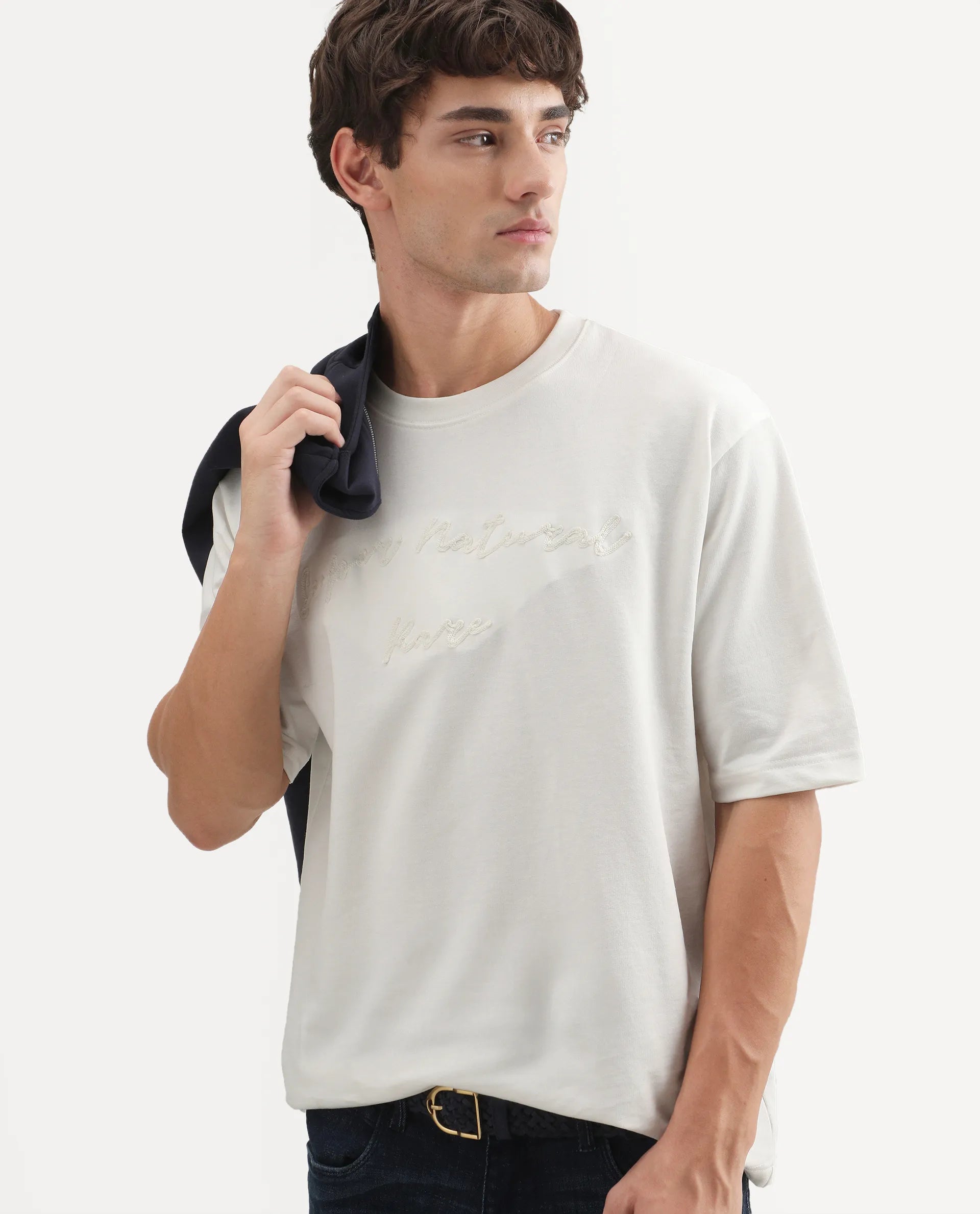 Rare Rabbit Men's Tuft Off White Cotton Crew Neck Regular Embroidered T-Shirt