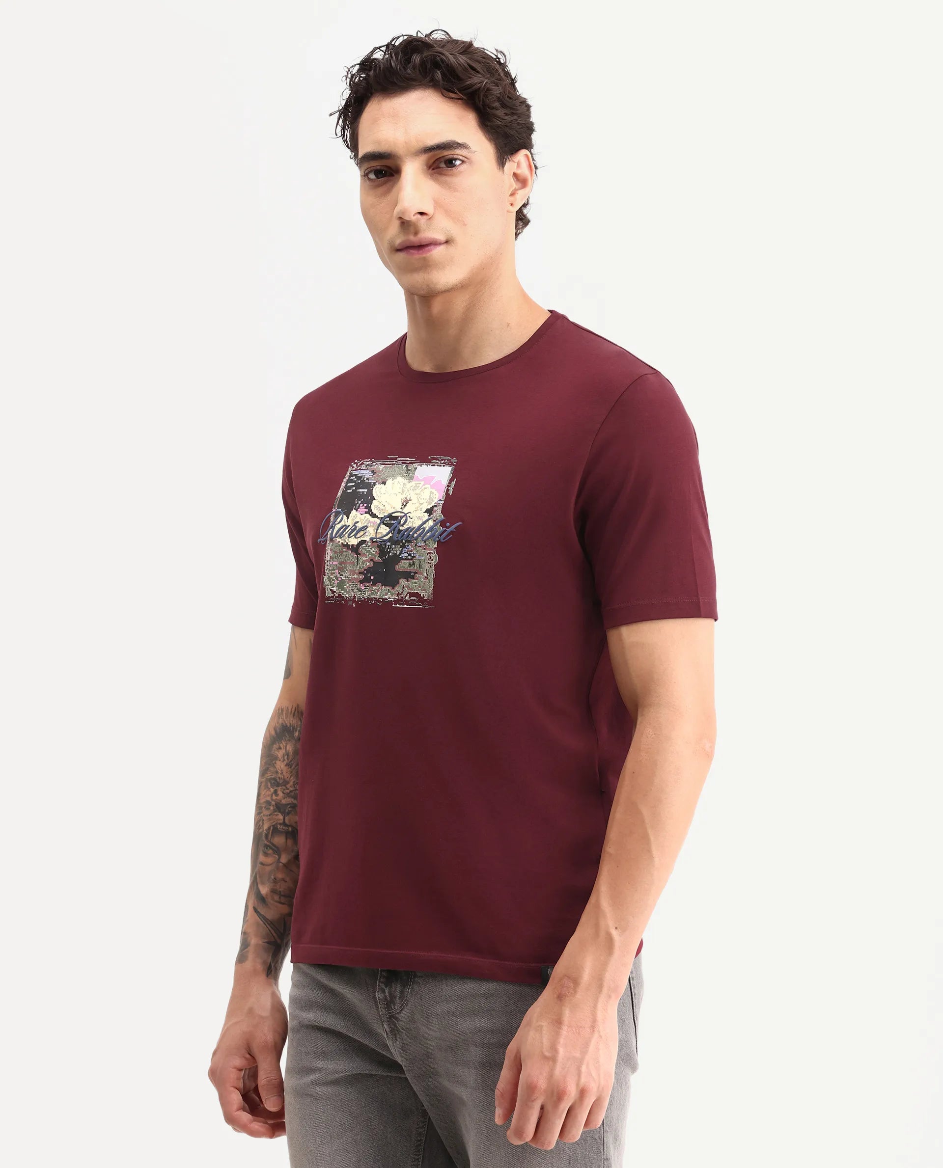 Rare Rabbit Men's Monece Maroon Cotton Blend Crew Neck Regular Graphic Print T-Shirt