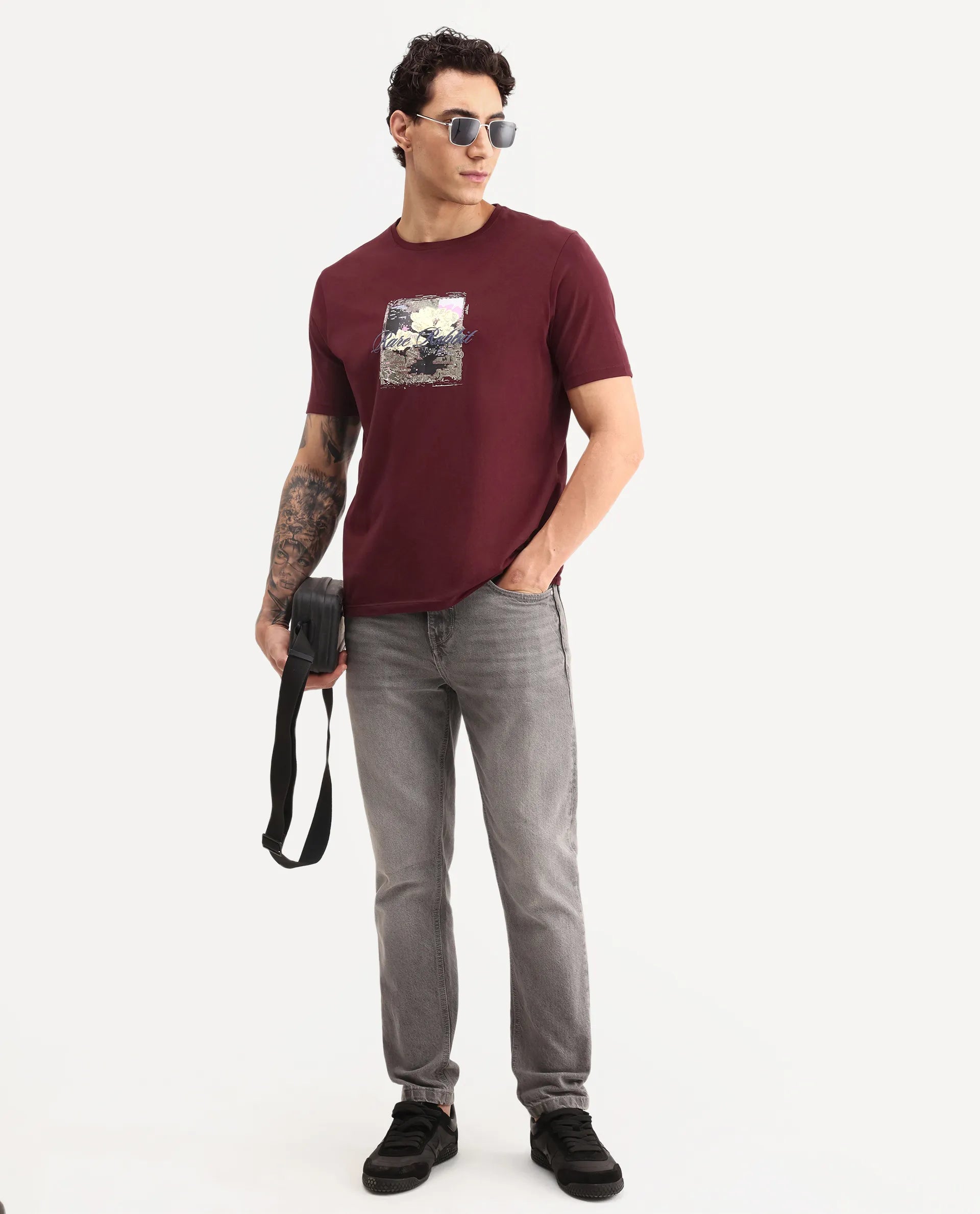 Rare Rabbit Men's Monece Maroon Cotton Blend Crew Neck Regular Graphic Print T-Shirt