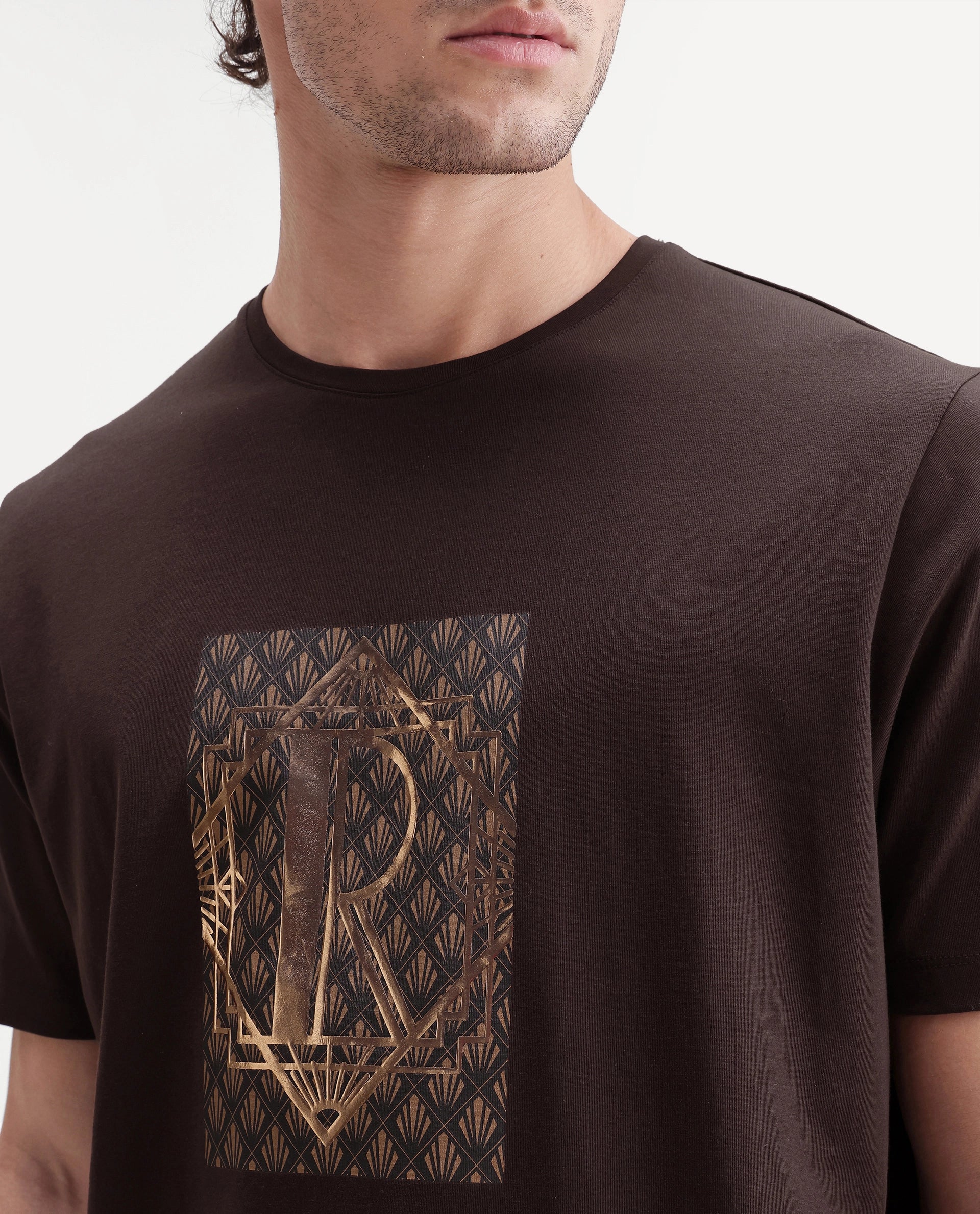 Rare Rabbit Men's Kerd Dark Brown Cotton Blend Crew Neck Regular Graphic Print T-Shirt