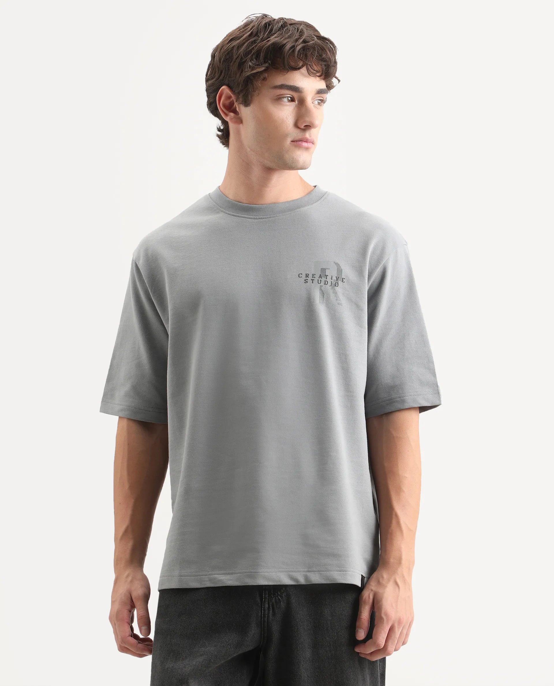 Rare Rabbit Men's Rexol Grey Cotton Regular Fit Graphic Print T-Shirt