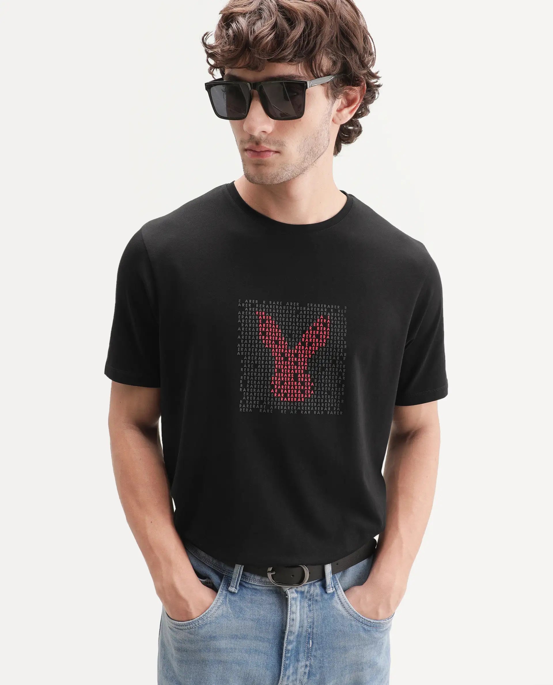 Rare Rabbit Men's Leton Black Cotton Blend Crew Neck Regular Graphic Print T-Shirt