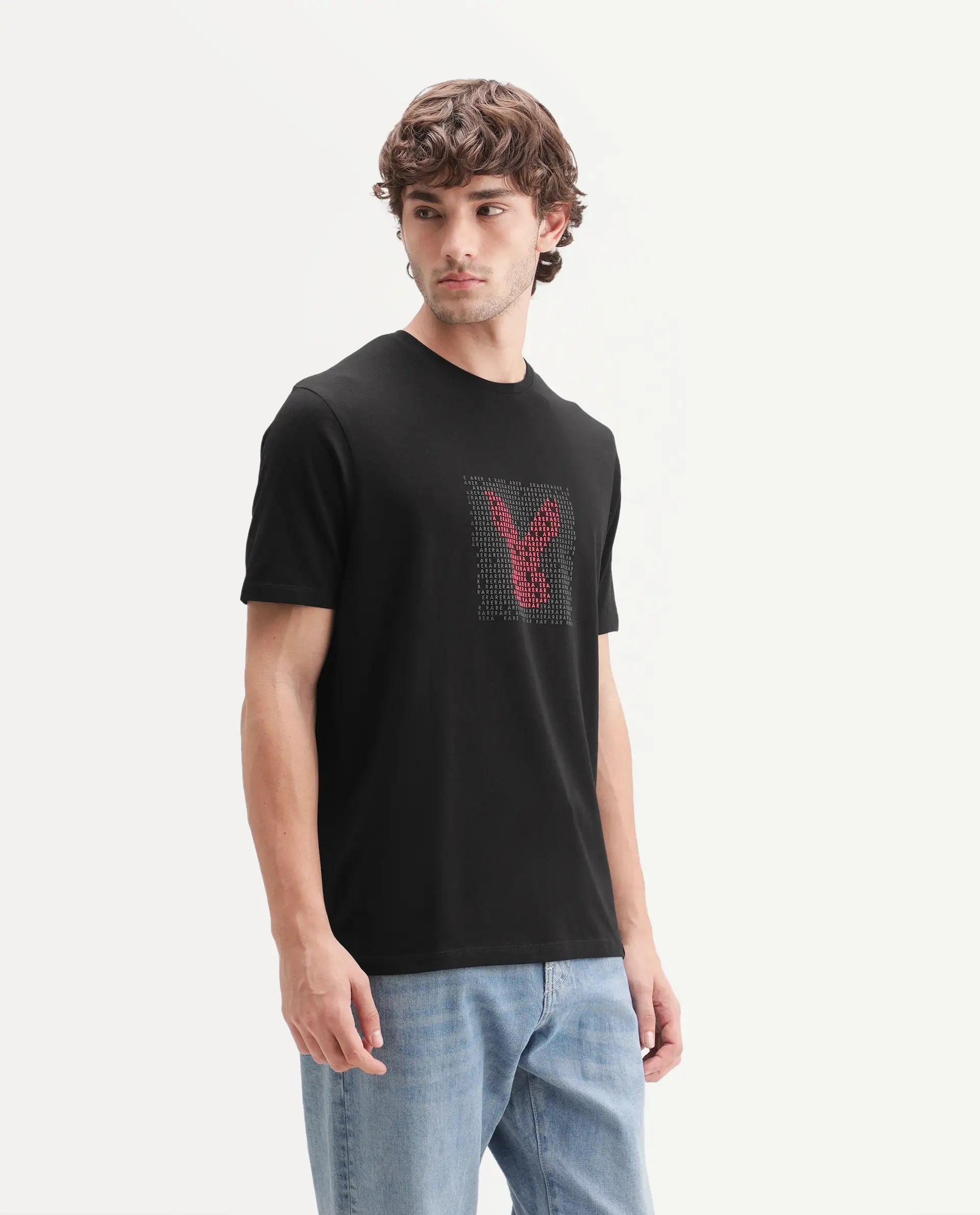 Rare Rabbit Men's Leton Black Cotton Blend Crew Neck Regular Graphic Print T-Shirt