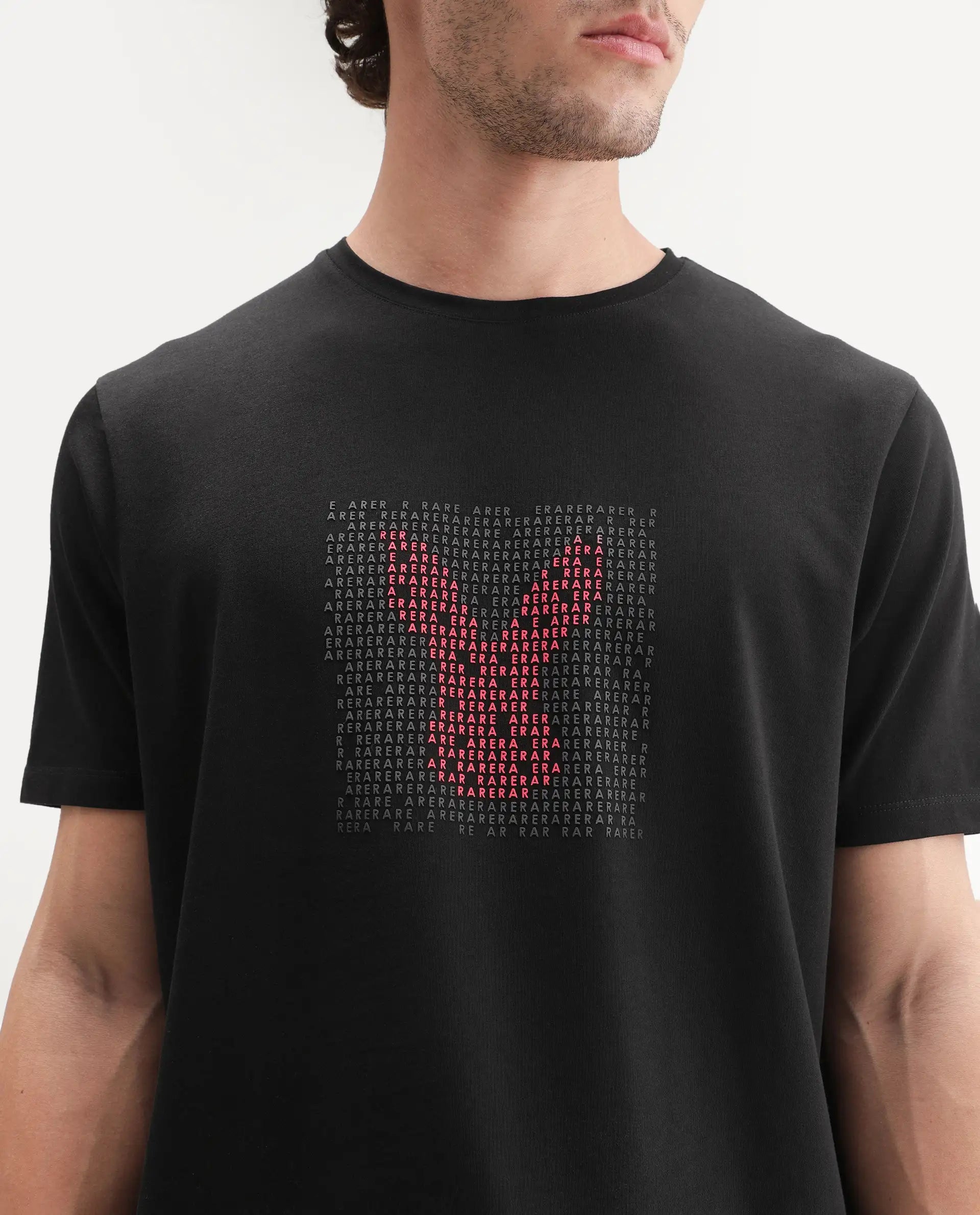 Rare Rabbit Men's Leton Black Cotton Blend Crew Neck Regular Graphic Print T-Shirt