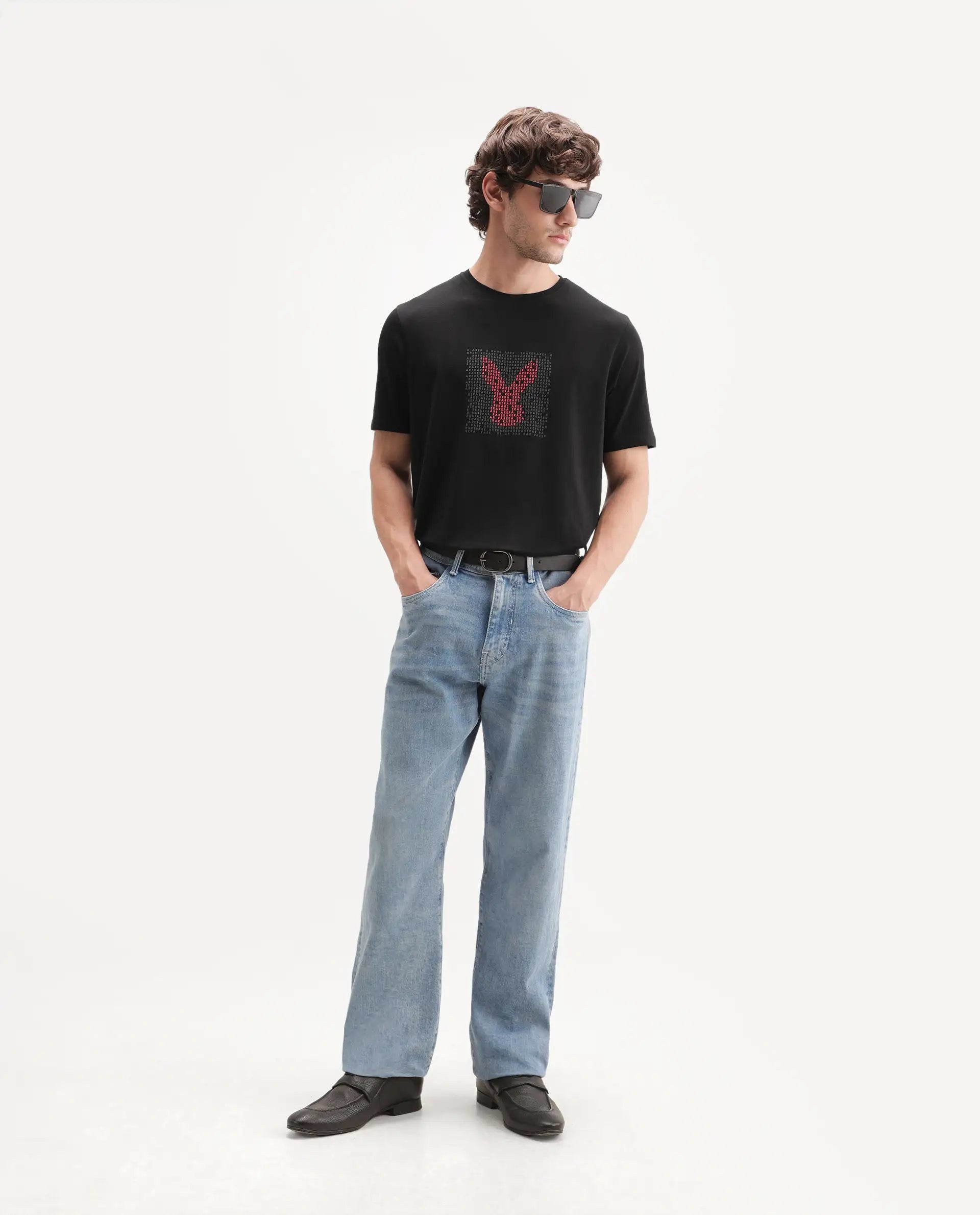 Rare Rabbit Men's Leton Black Cotton Blend Crew Neck Regular Graphic Print T-Shirt