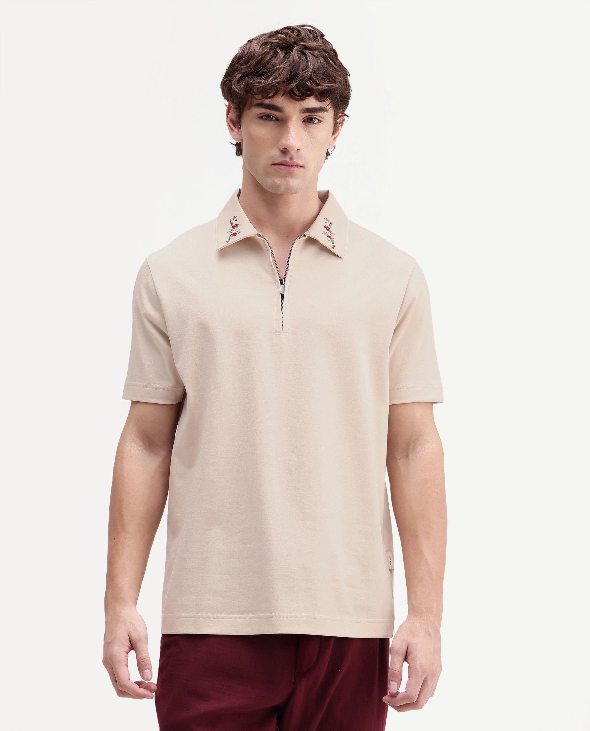 Rare Rabbit Men's Travis Beige Cotton Spread Collar Regular Embroidered Polo