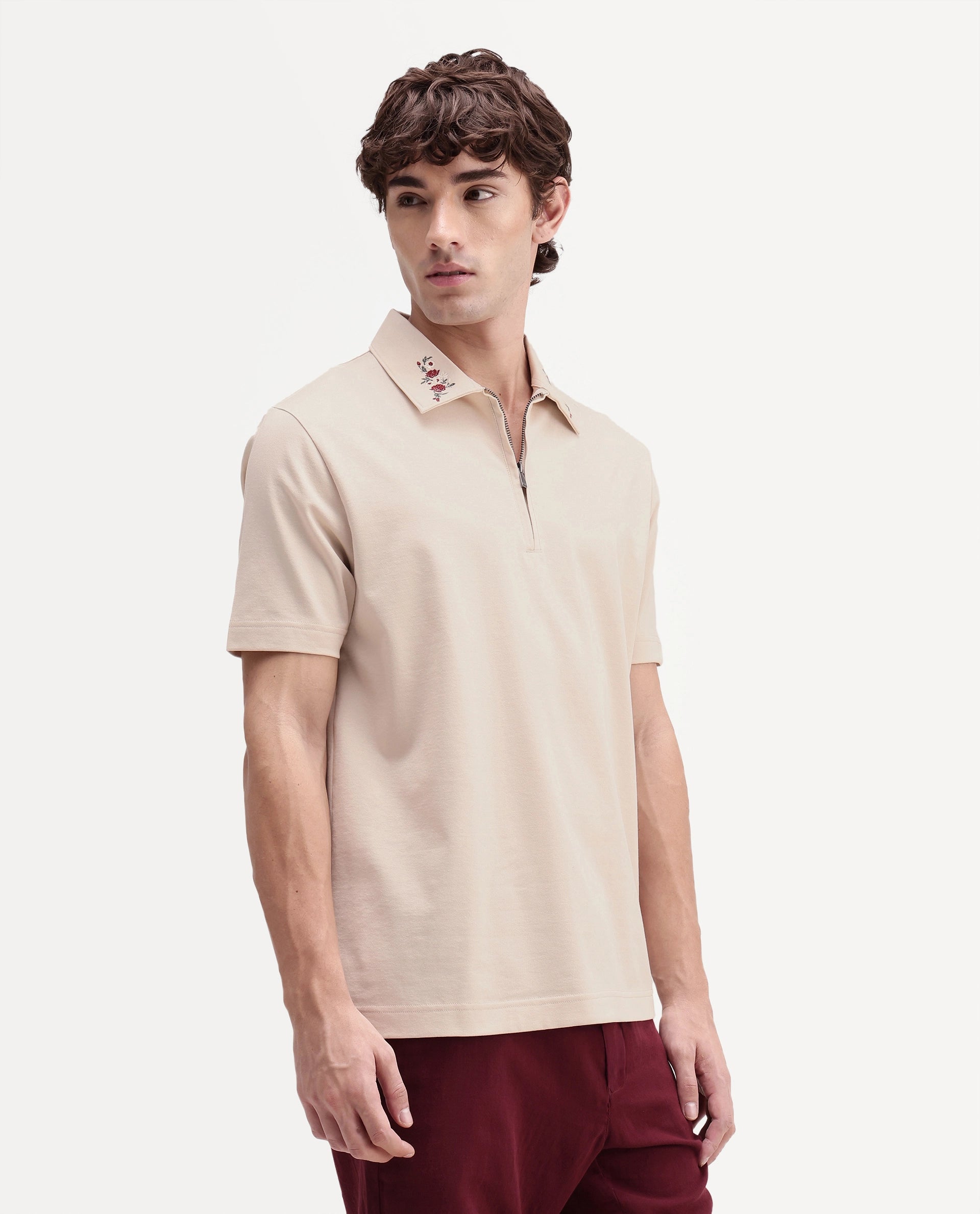 Rare Rabbit Men's Travis Beige Cotton Spread Collar Regular Embroidered Polo