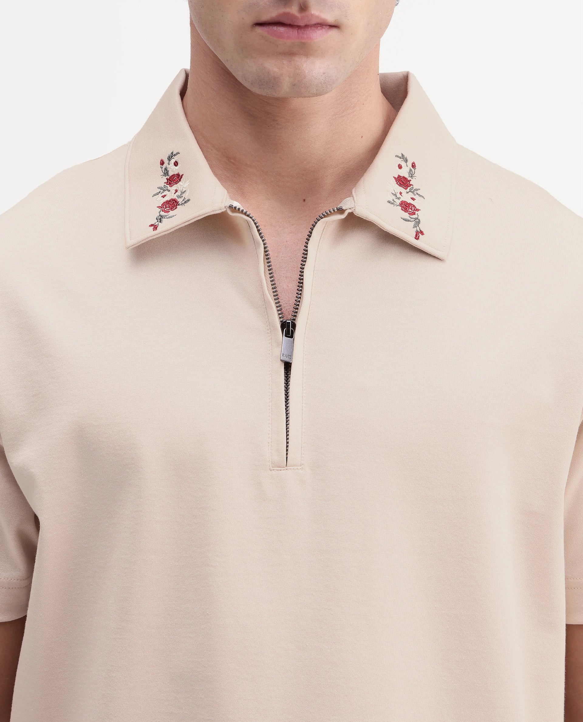 Rare Rabbit Men's Travis Beige Cotton Spread Collar Regular Embroidered Polo
