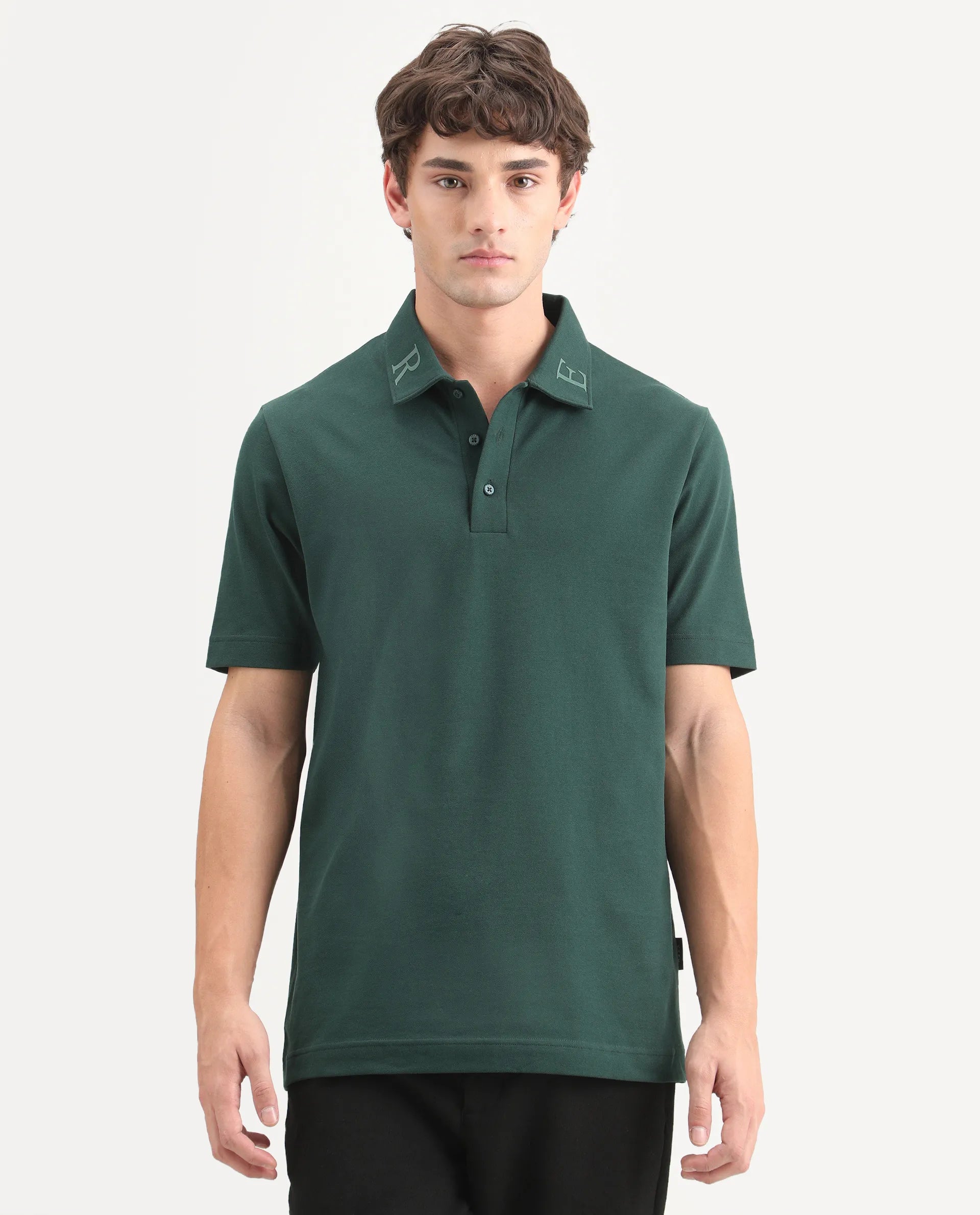 Rare Rabbit Men's Fabios Dark Green Cotton Regular Fit Half Sleeves Plain Polo