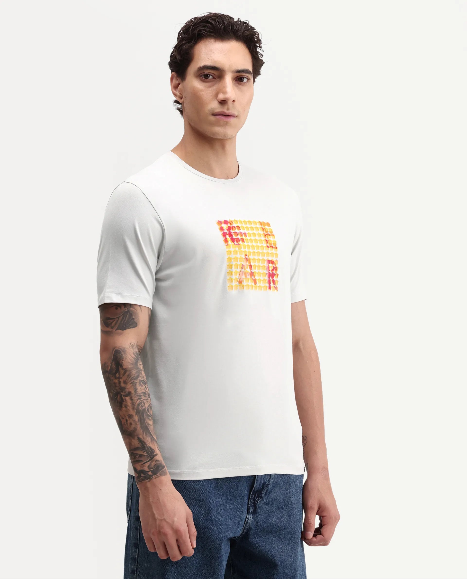 Rare Rabbit Men's Zivol Light Grey Cotton Blend Crew Neck Regular Graphic Print T-Shirt