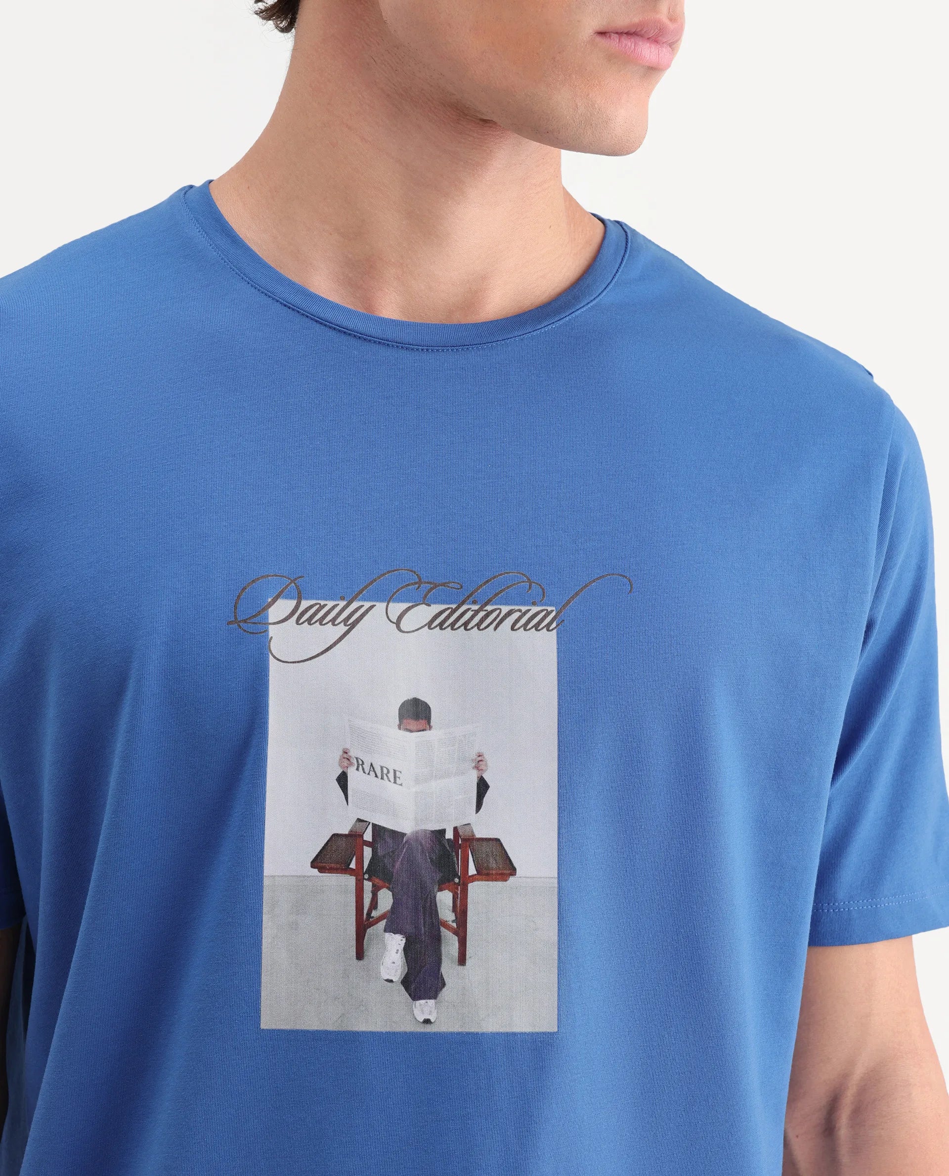 Rare Rabbit Men's Dame Blue Cotton Blend Crew Neck Regular Graphic Print T-Shirt